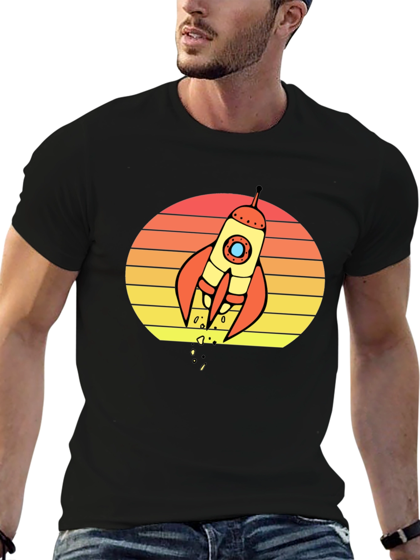 Black Retro Rocket Sunset Graphic T-Shirt - Space Lover Tee view 6
