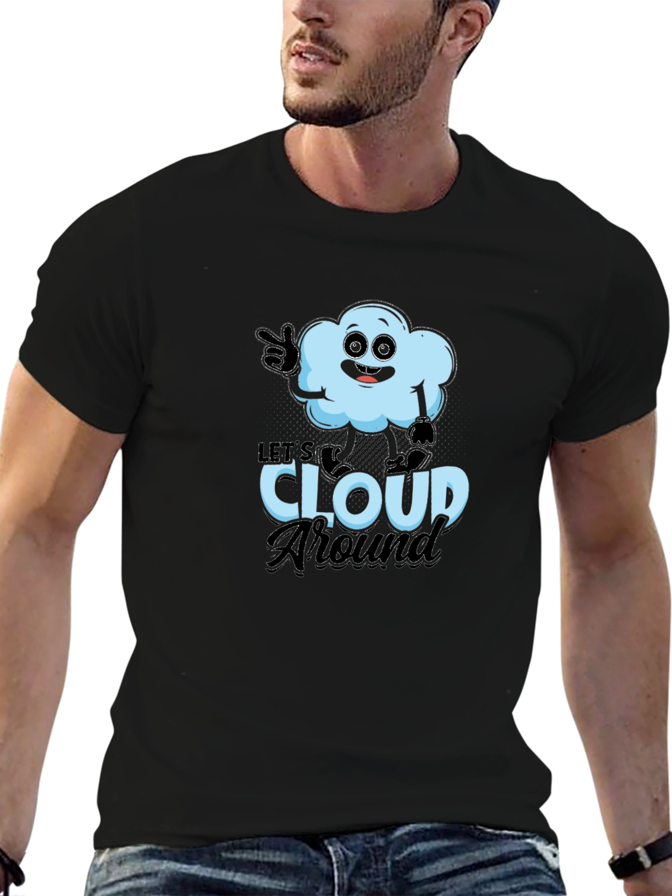 Black Let's Cloud Around T-Shirt - Funny Weather Tee view 6