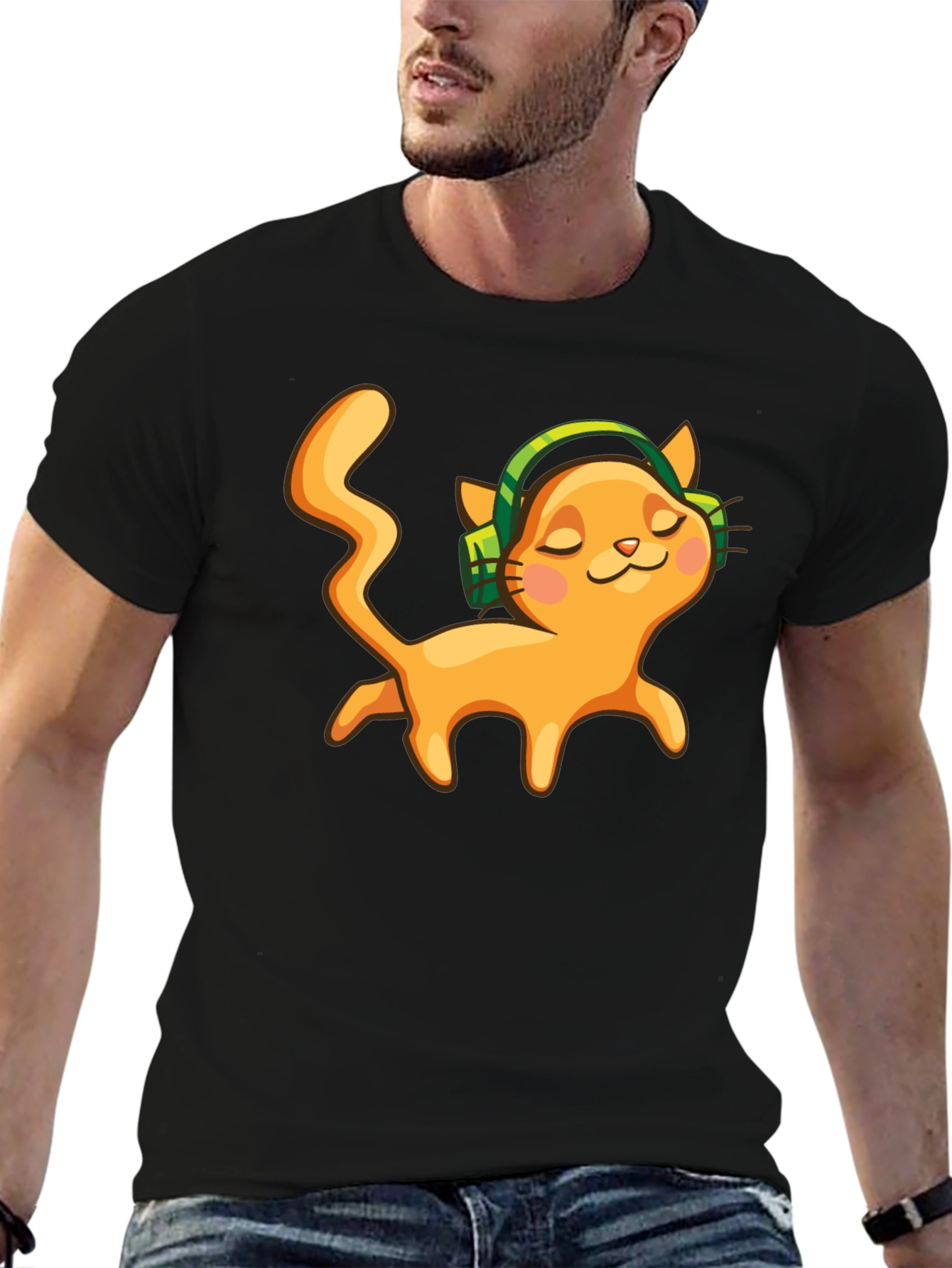 Black Cat with Headphones Black Graphic Tee view 6