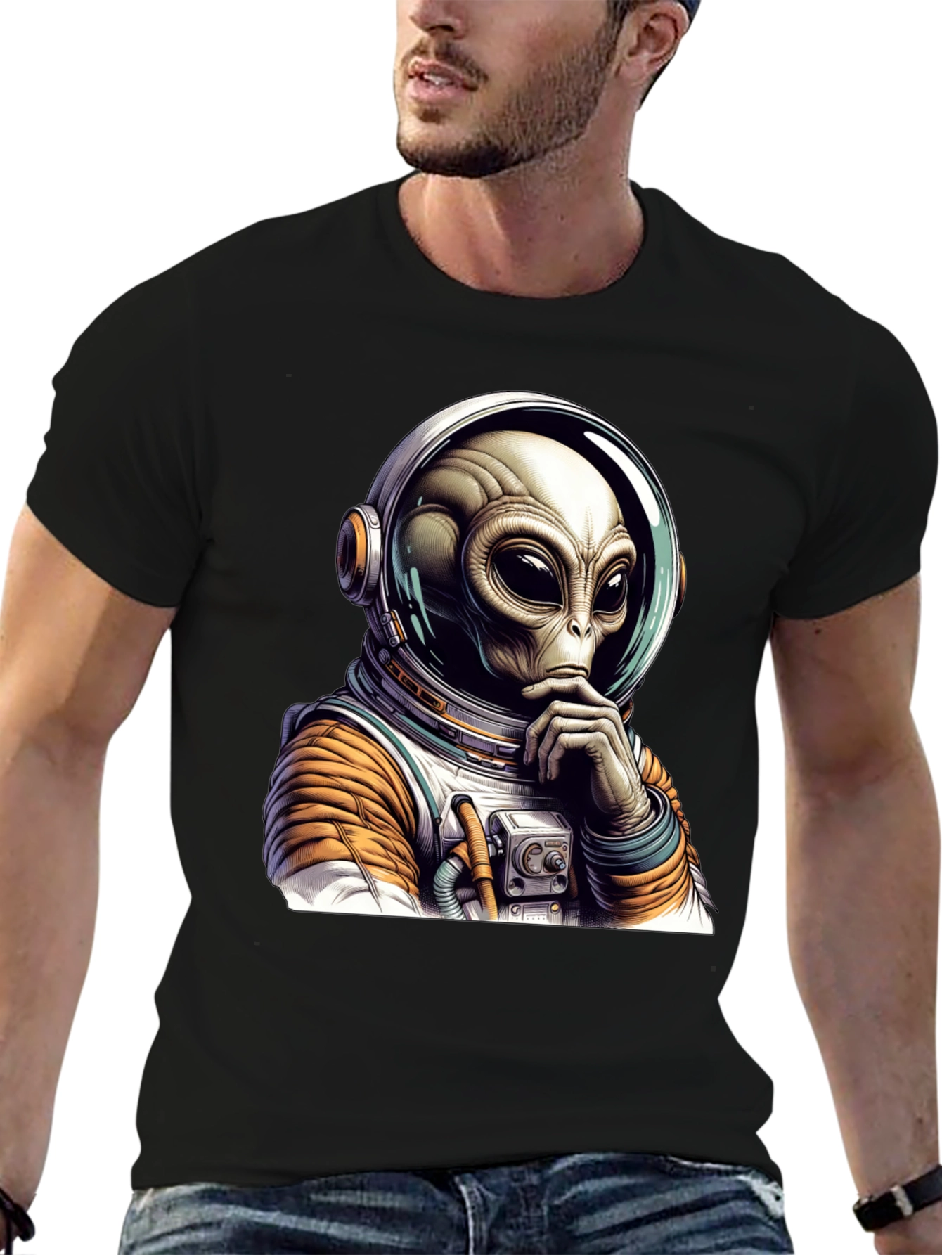 Black Alien Astronaut Graphic Tee - Black Cotton Blend view 6
