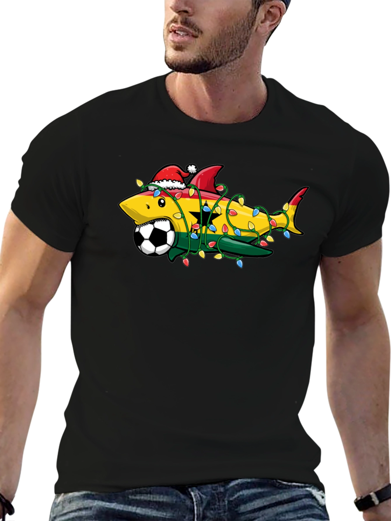 Black Ghana Shark Soccer Christmas T-Shirt view 6