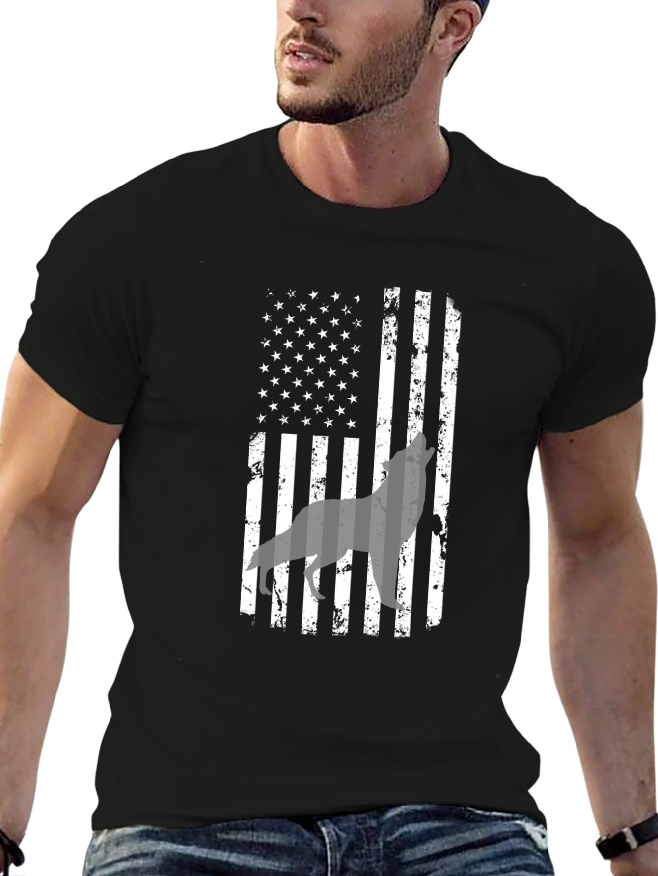 Black American Flag Wolf Graphic Print Men's T-Shirt view 6