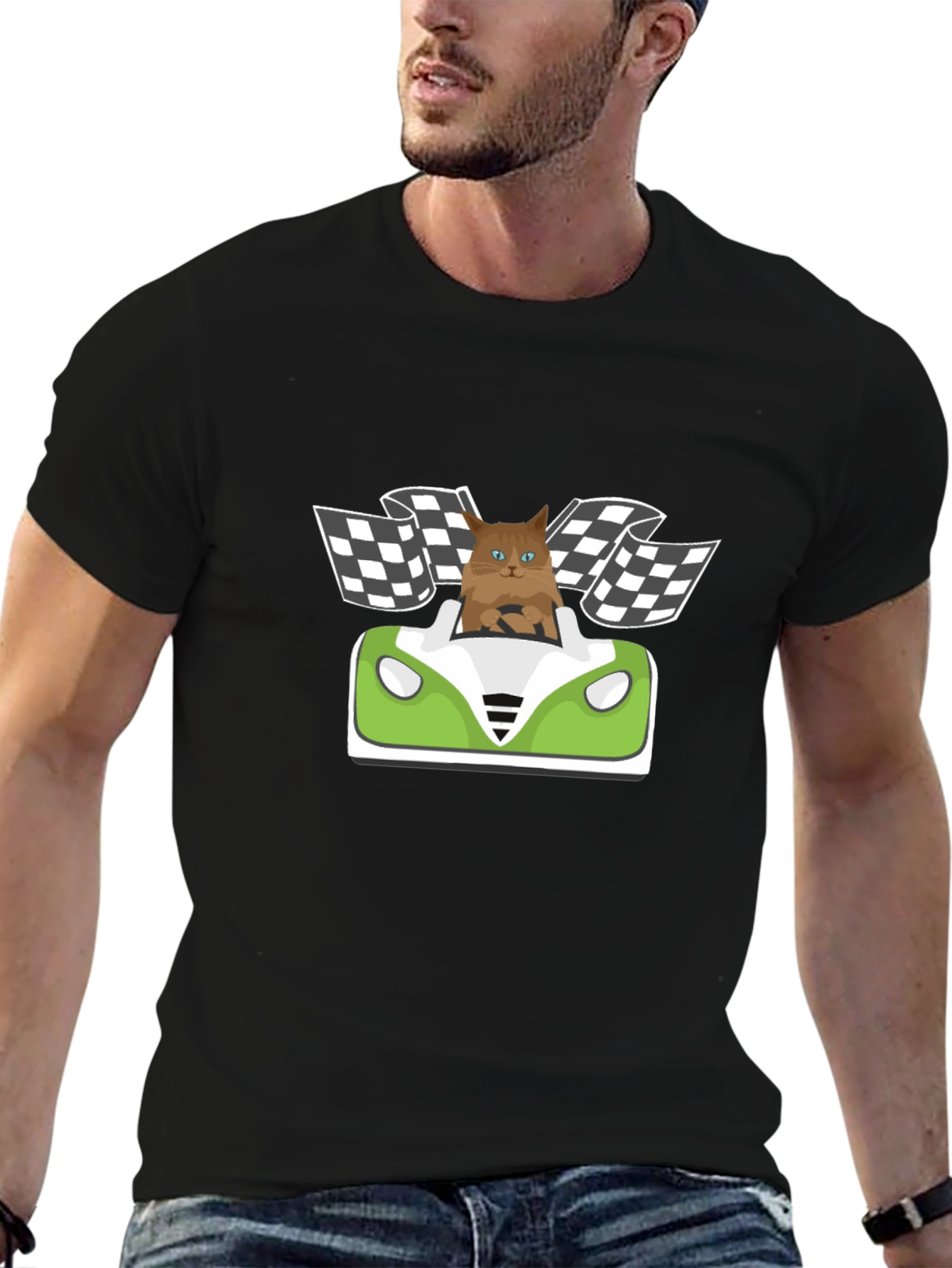 Black Cat Racer T-Shirt: Funny Cartoon Cat Driving view 6