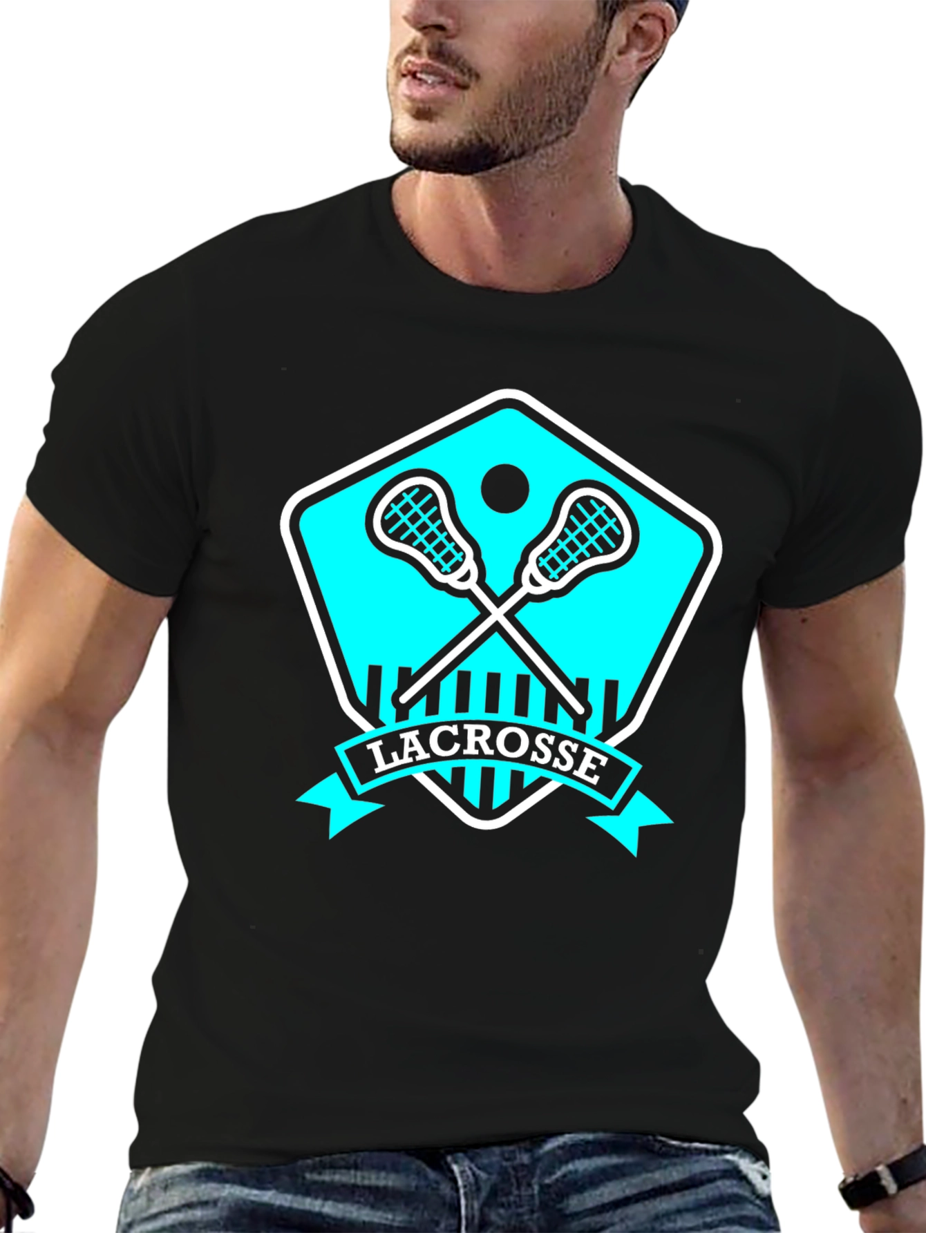 Black Lacrosse T-Shirt with Crossed Stick Design view 6