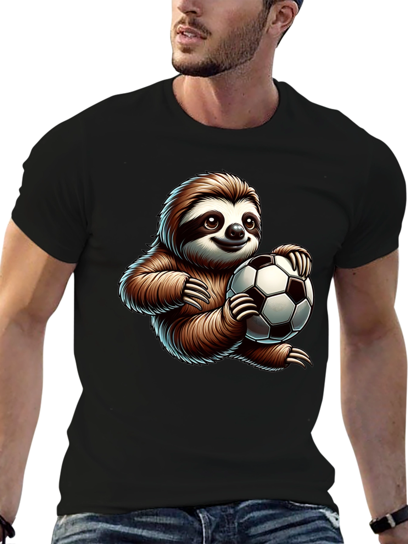 Black Sloth Soccer Fan T-Shirt - Cute Cartoon Design view 6