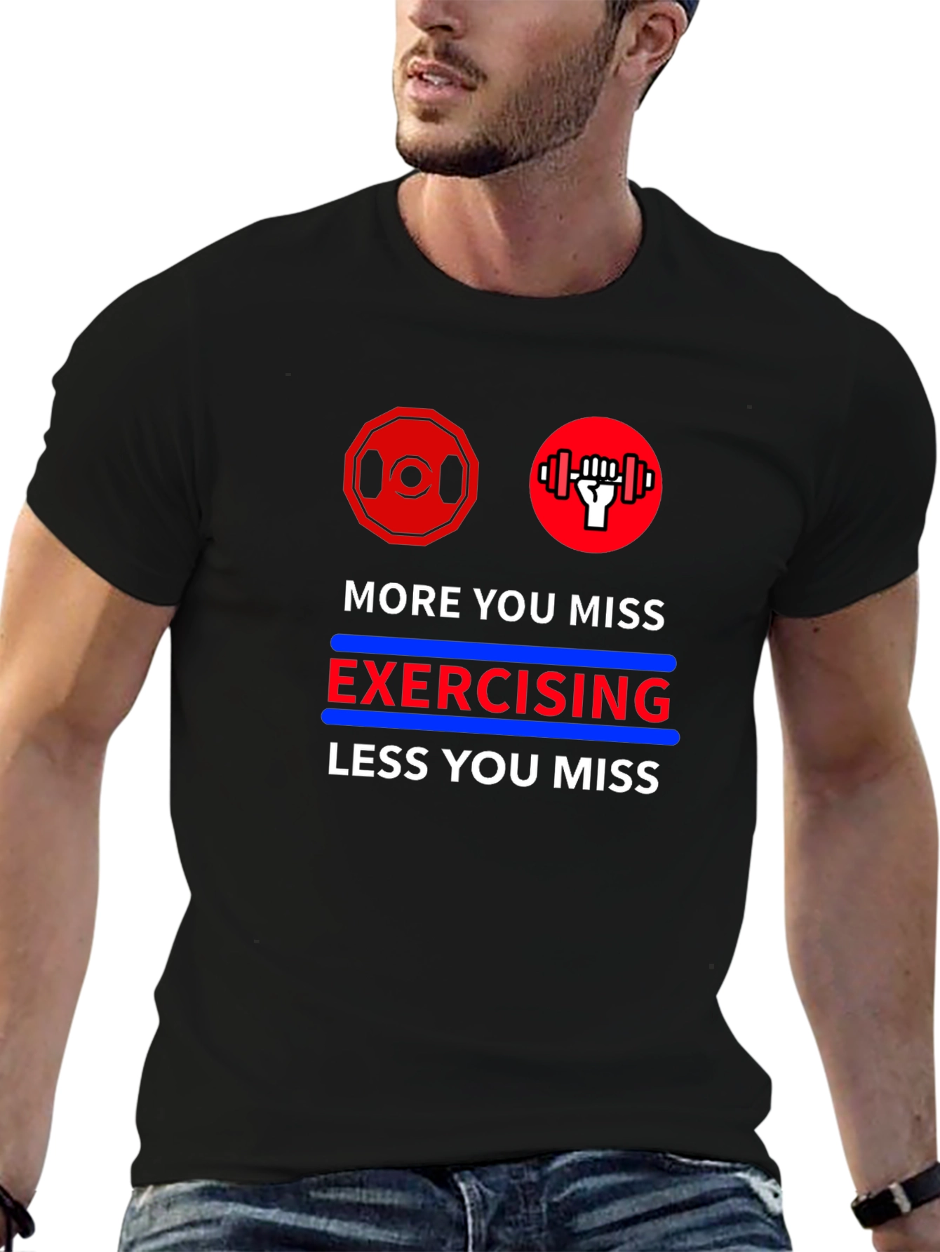Black Motivational Workout T-Shirt - More You Miss Exercising view 6