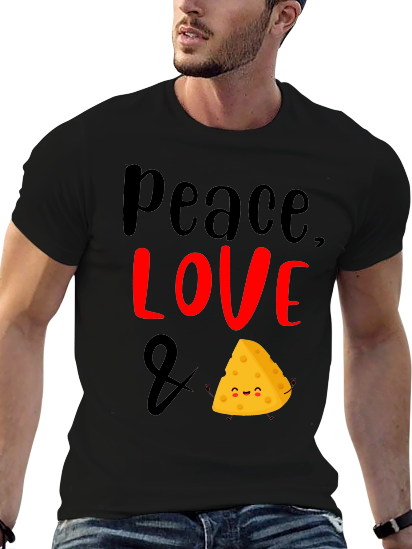 Black Peace Love & Cheese Funny Graphic T-Shirt view 6