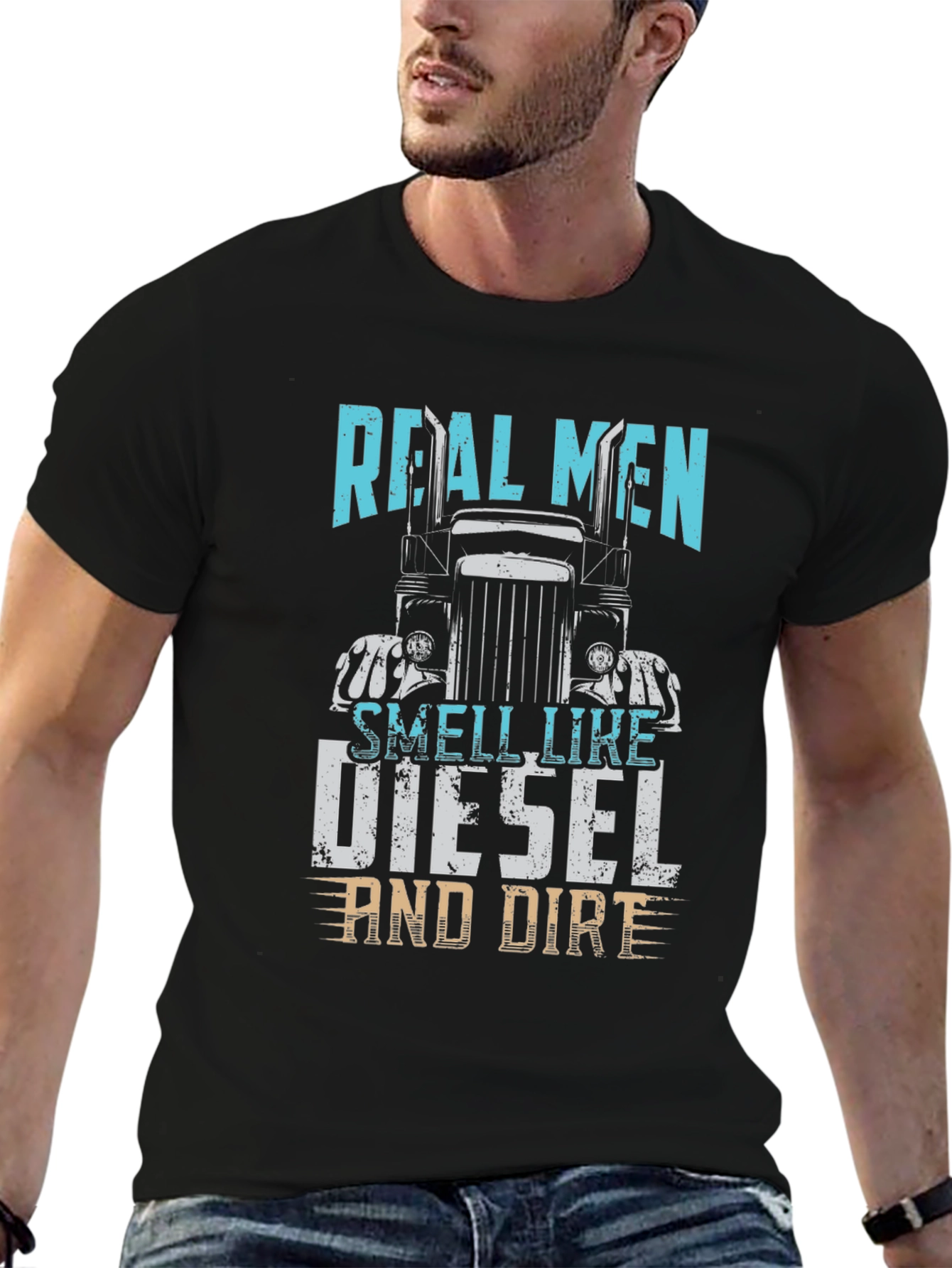 Black Real Men Diesel and Dirt Trucker T-Shirt view 6