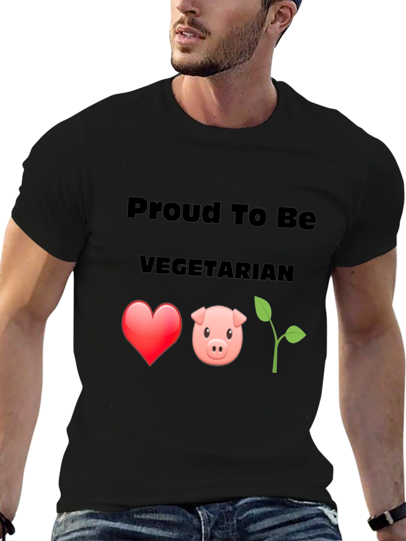 Black Proud Vegetarian Graphic Tee - Heart Pig Plant Design view 6