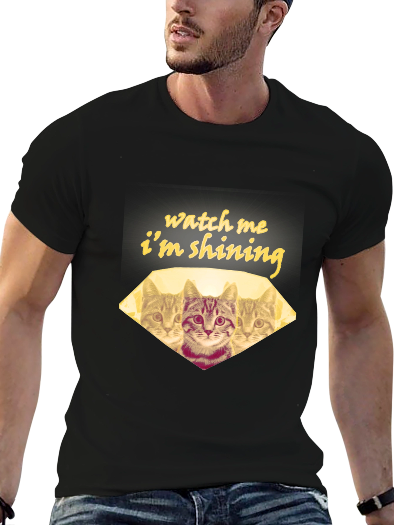 Black Watch Me I'm Shining Cat T-Shirt - Unisex Black Tee view 6