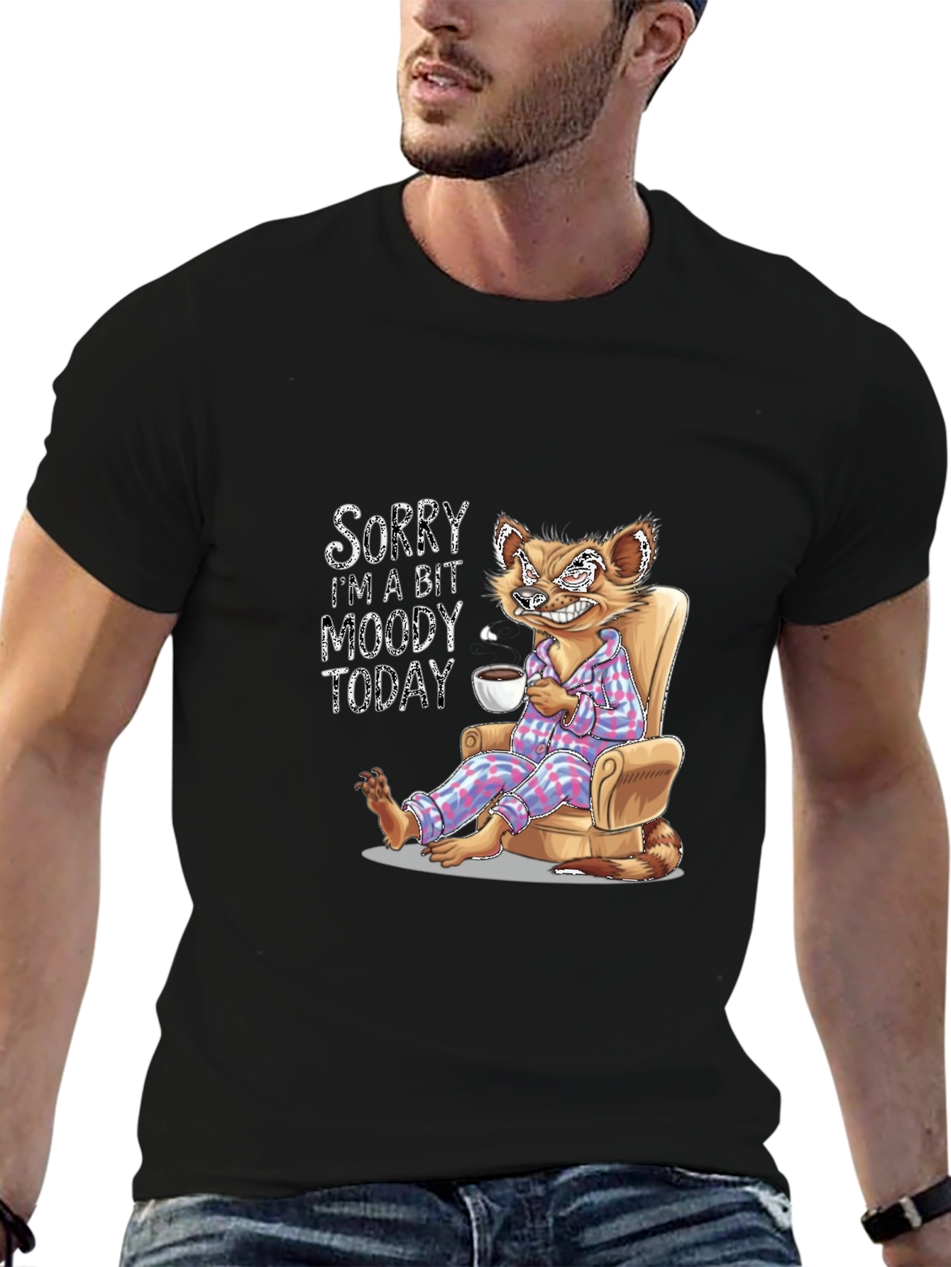 Black Moody Cartoon Fox T-Shirt view 6