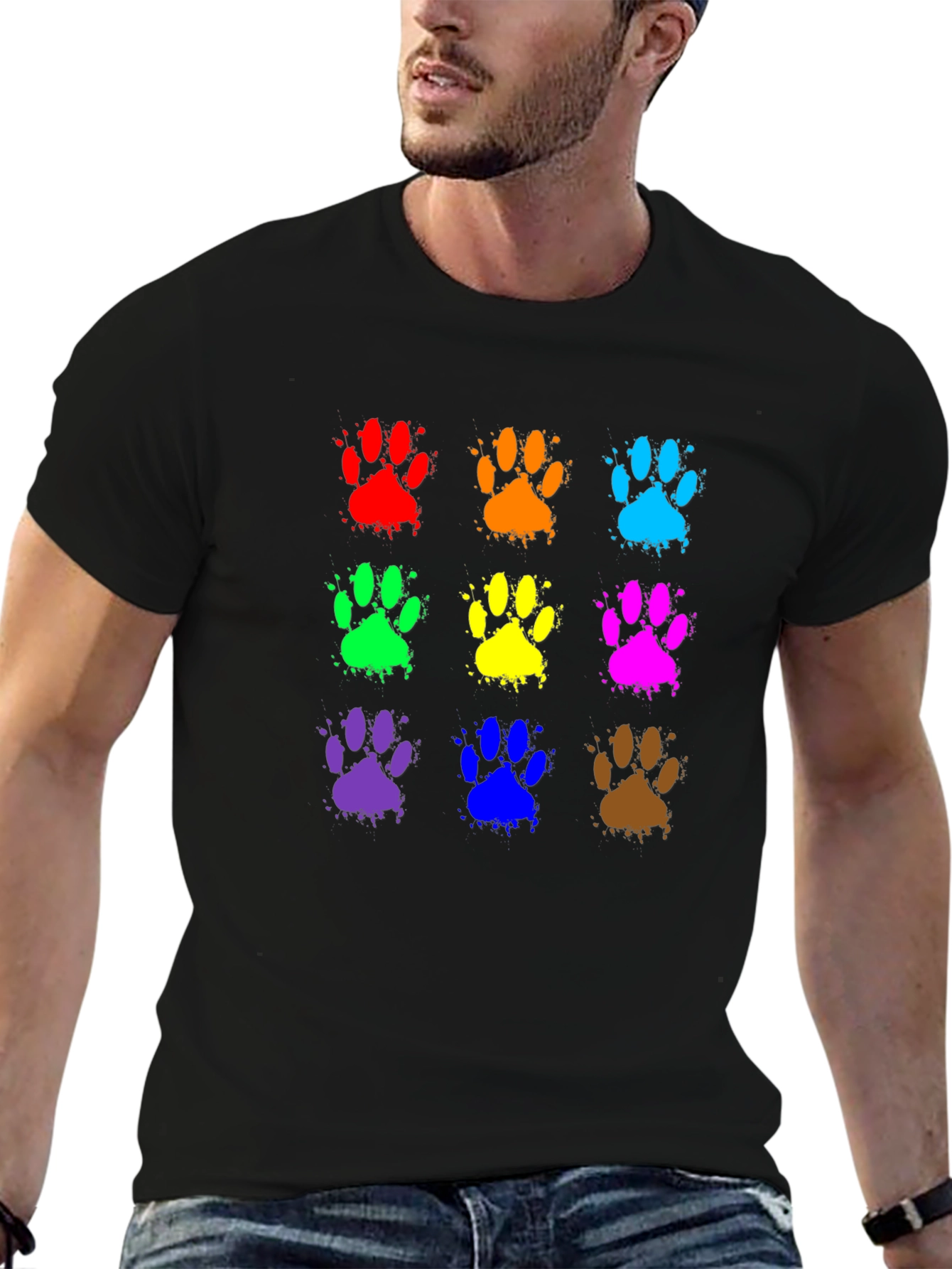 Black Colorful Paw Print T-Shirt - Fun Animal Lover Tee view 6
