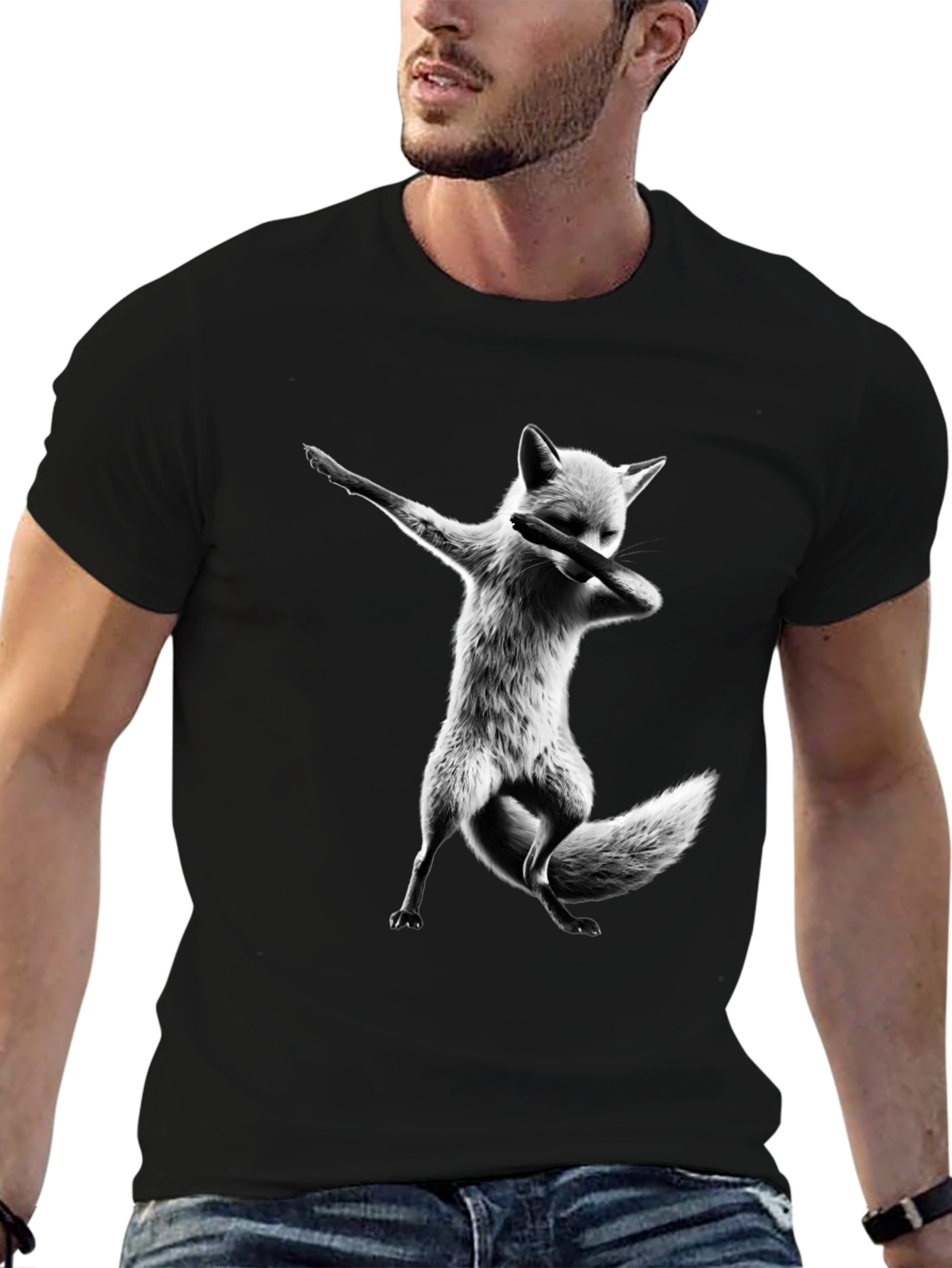 Black Dabbing Fox Graphic Tee - Black Cotton T-Shirt view 6