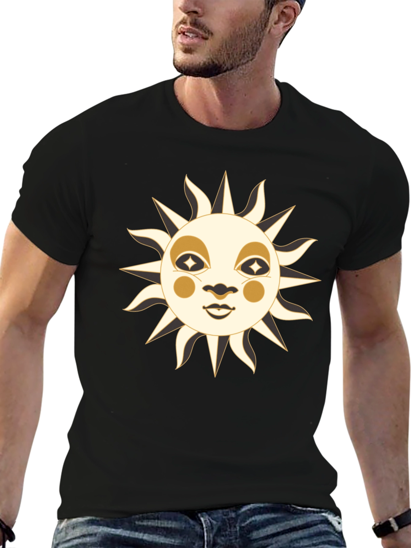 Black Celestial Sun Face Graphic T-Shirt view 6