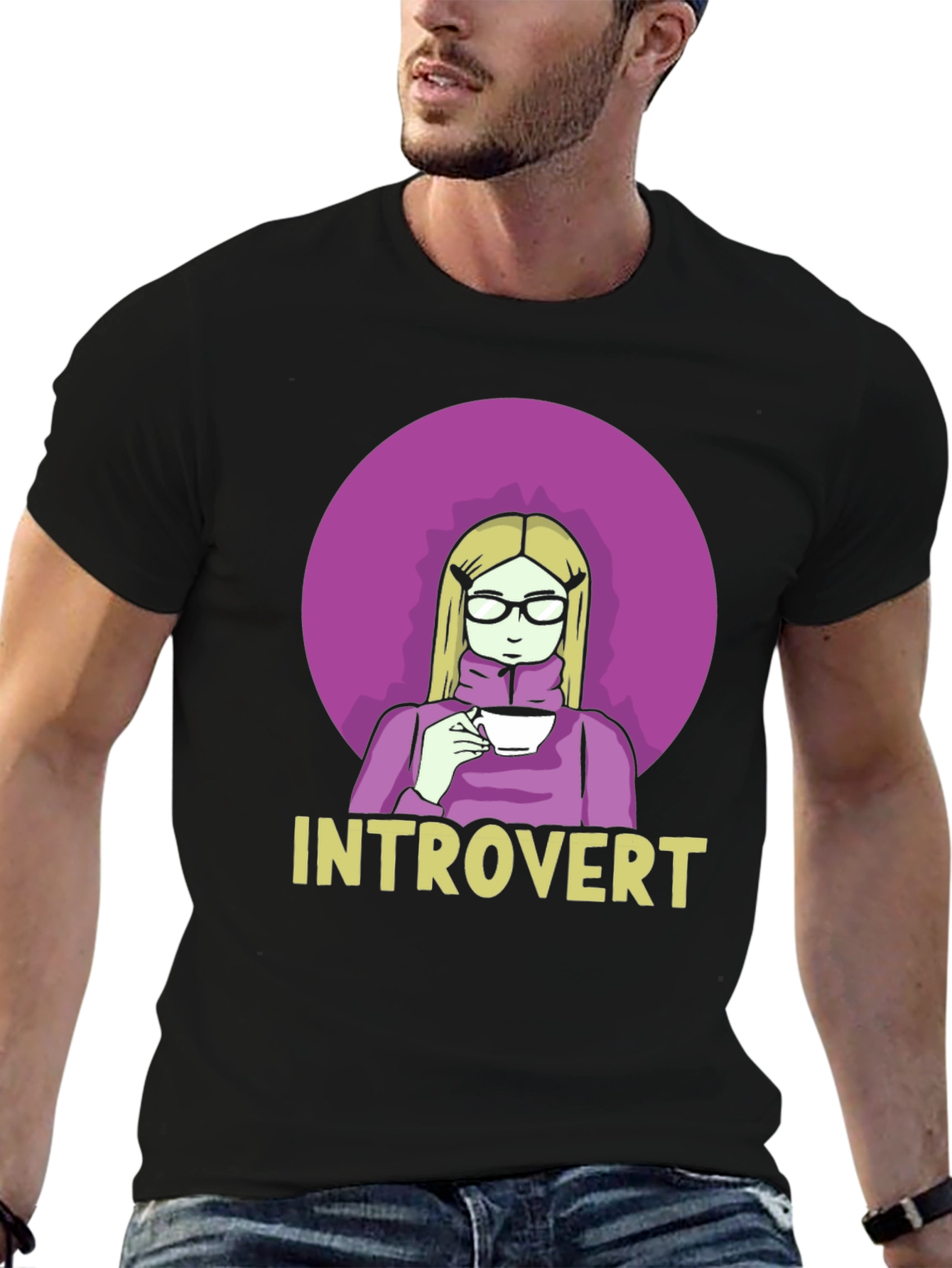 Black Introvert Tee: Cozy Cartoon Graphic T-Shirt view 6