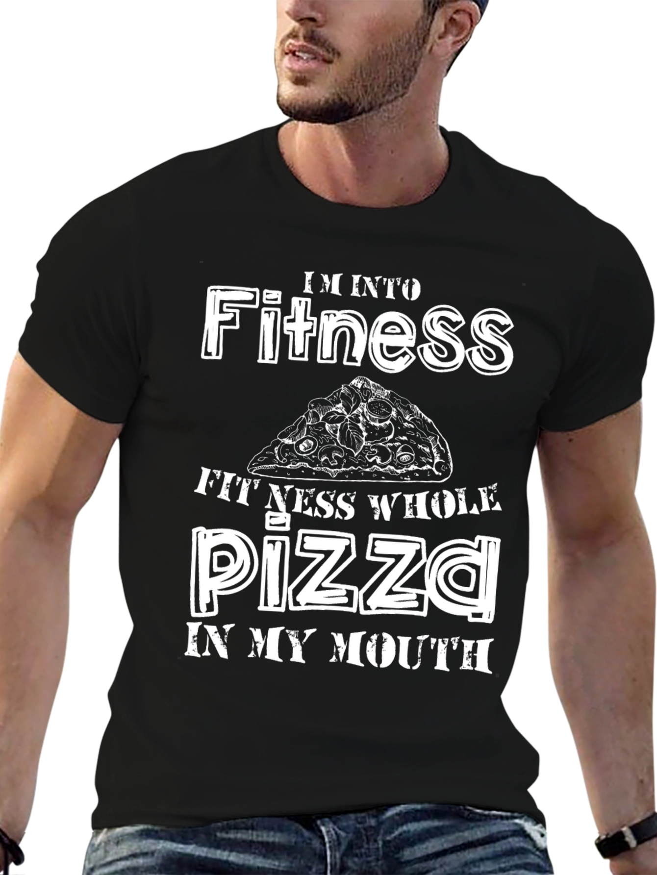 Black Fitness Whole Pizza Funny T-Shirt view 6