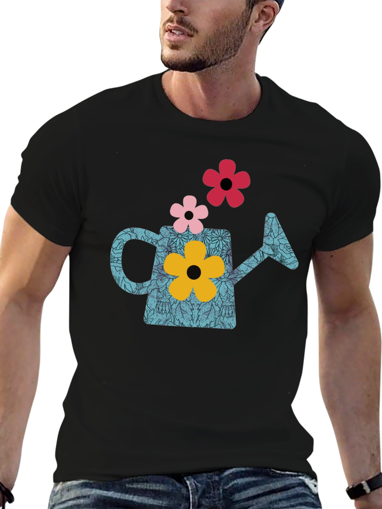 Black Watering Can Flower Graphic T-Shirt - Black view 6