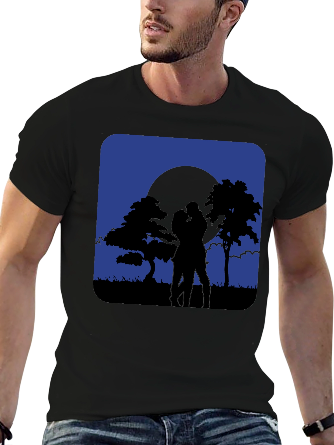 Black Romantic Moonlight Kiss Silhouette T-Shirt view 6