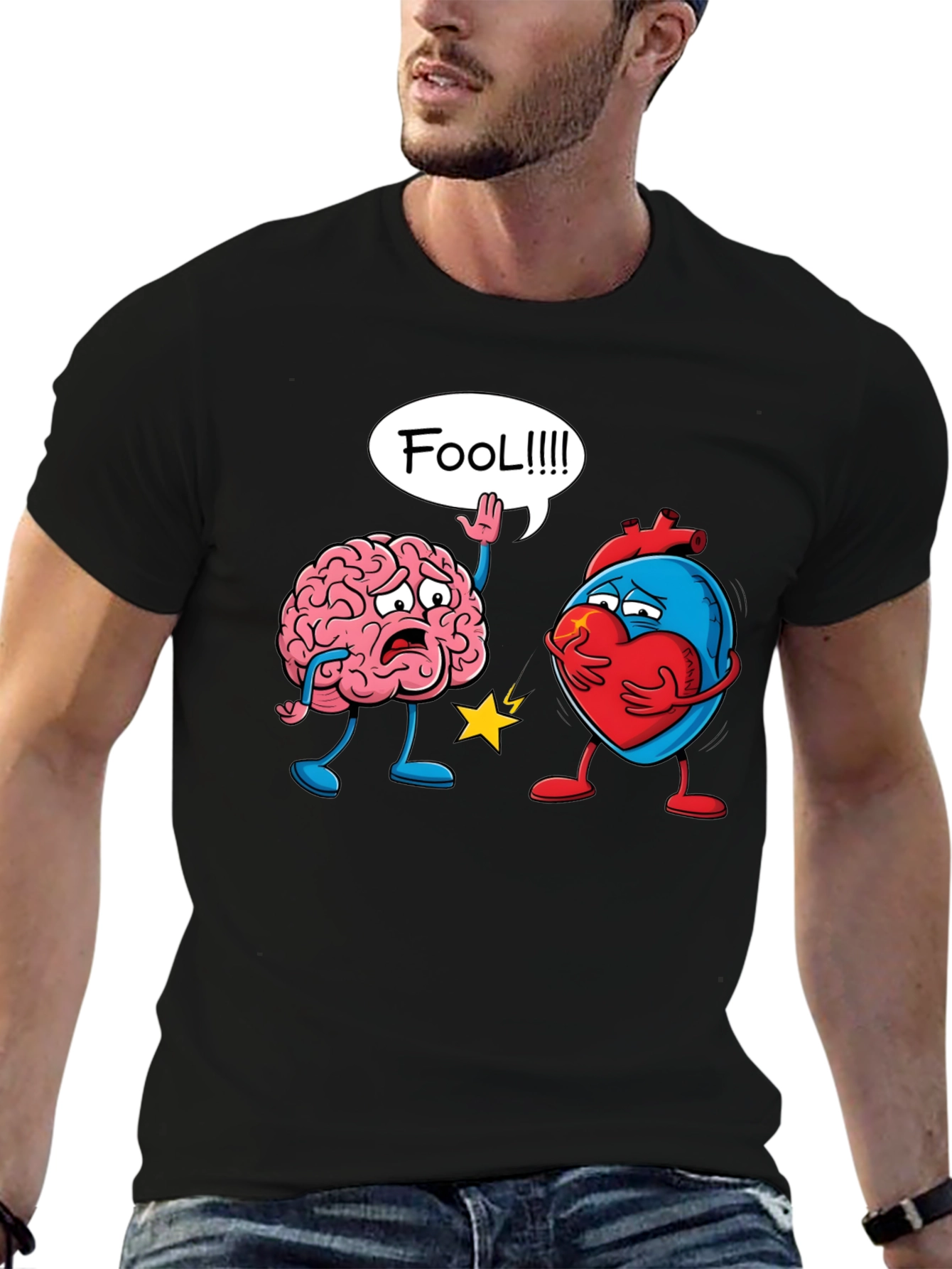 Black Brain vs Heart T-Shirt: Fool Funny Tee view 6