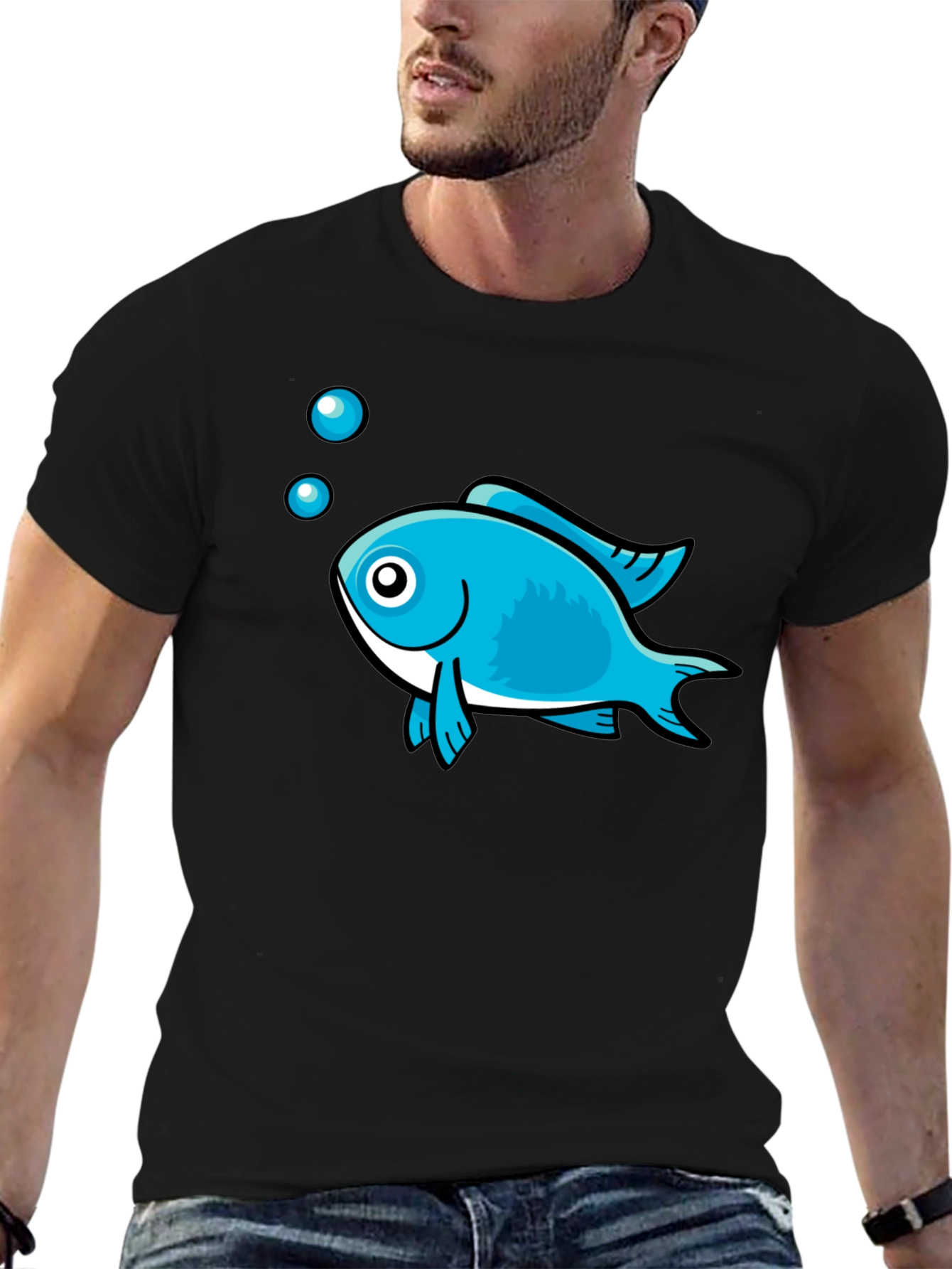 Black Blue Fish Graphic Black T-Shirt - Casual Style view 6