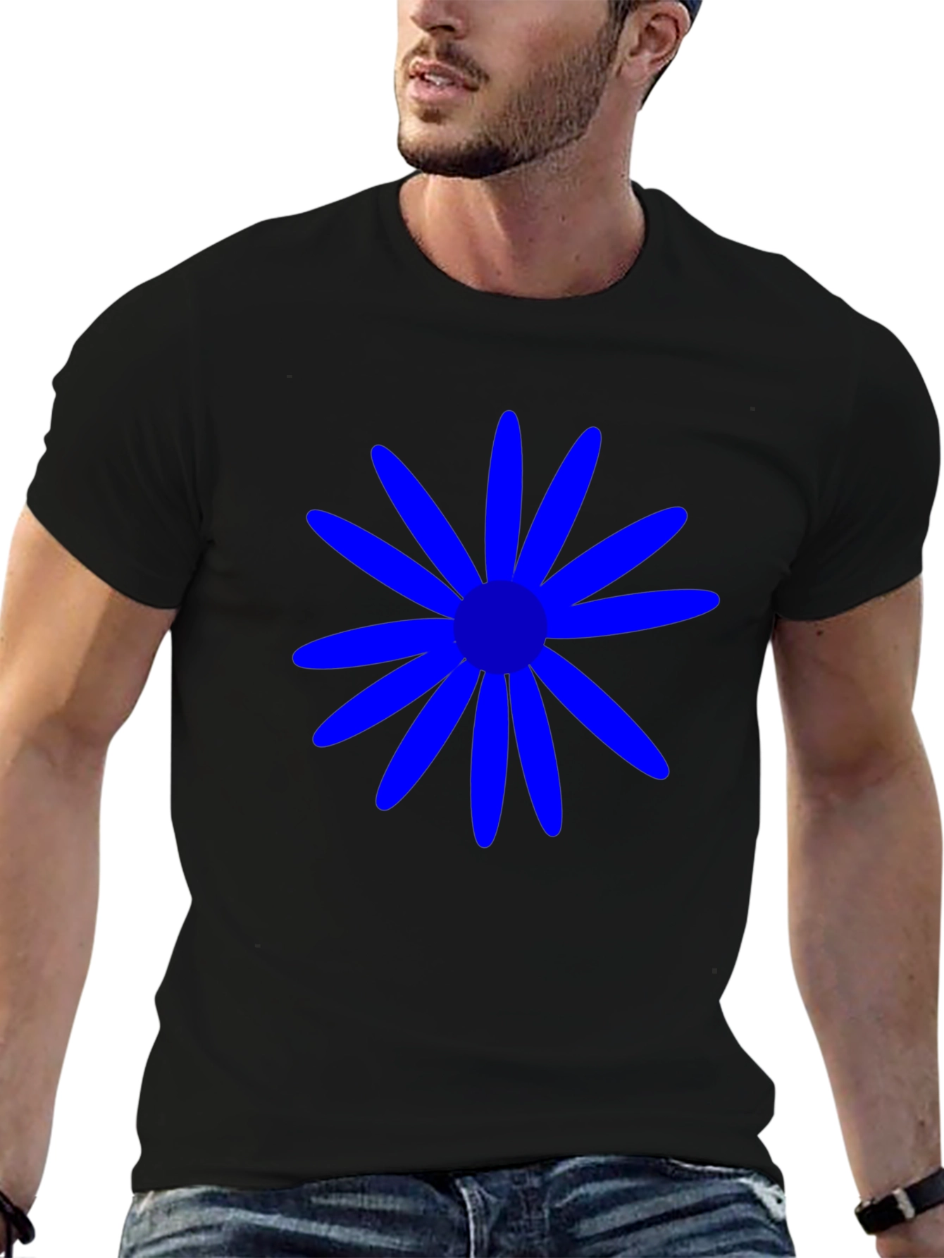 Black Blue Daisy Graphic Tee - Casual Black T-Shirt view 6