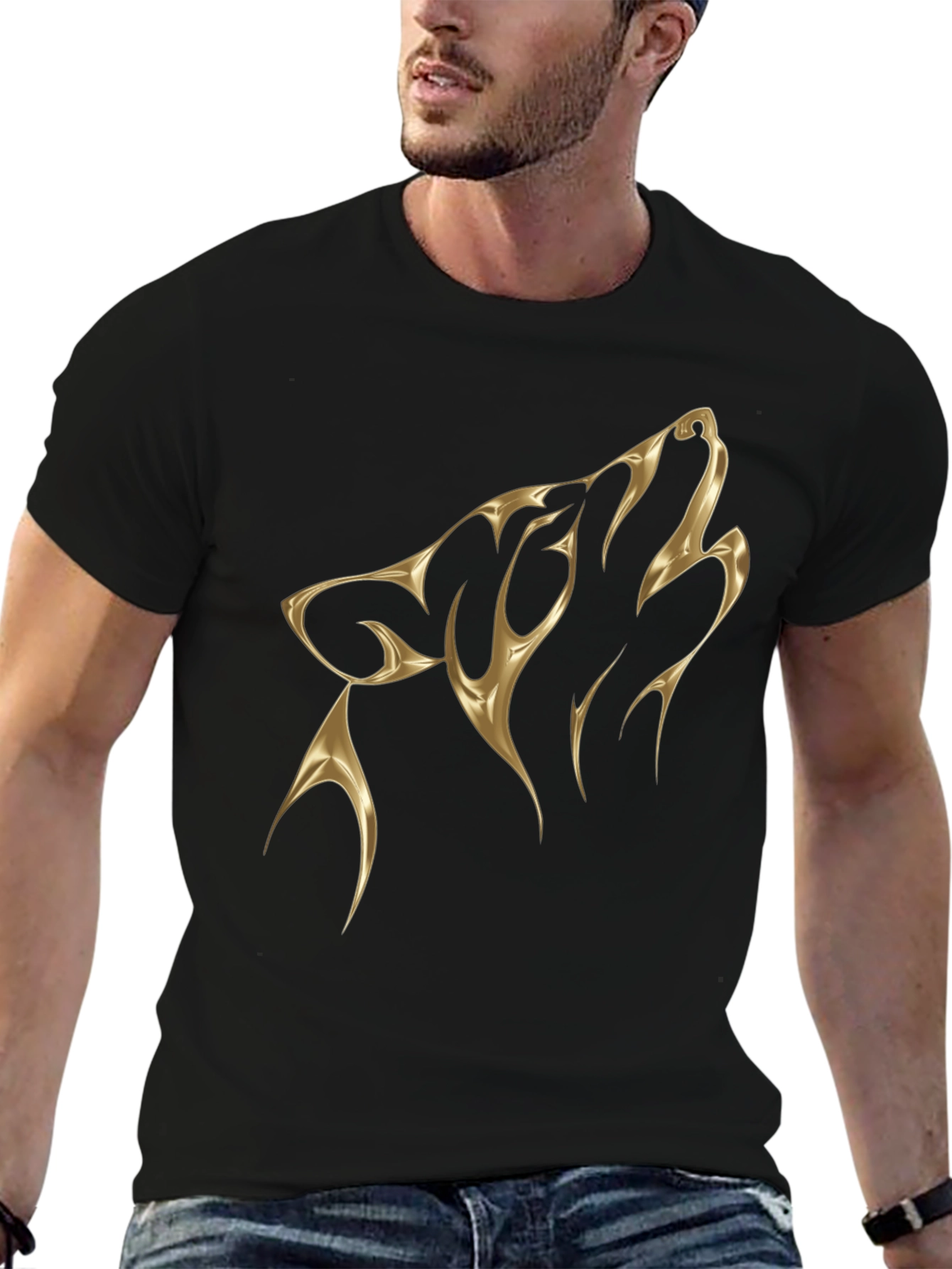 Black Men's Black T-Shirt with Golden Wolf Design view 6