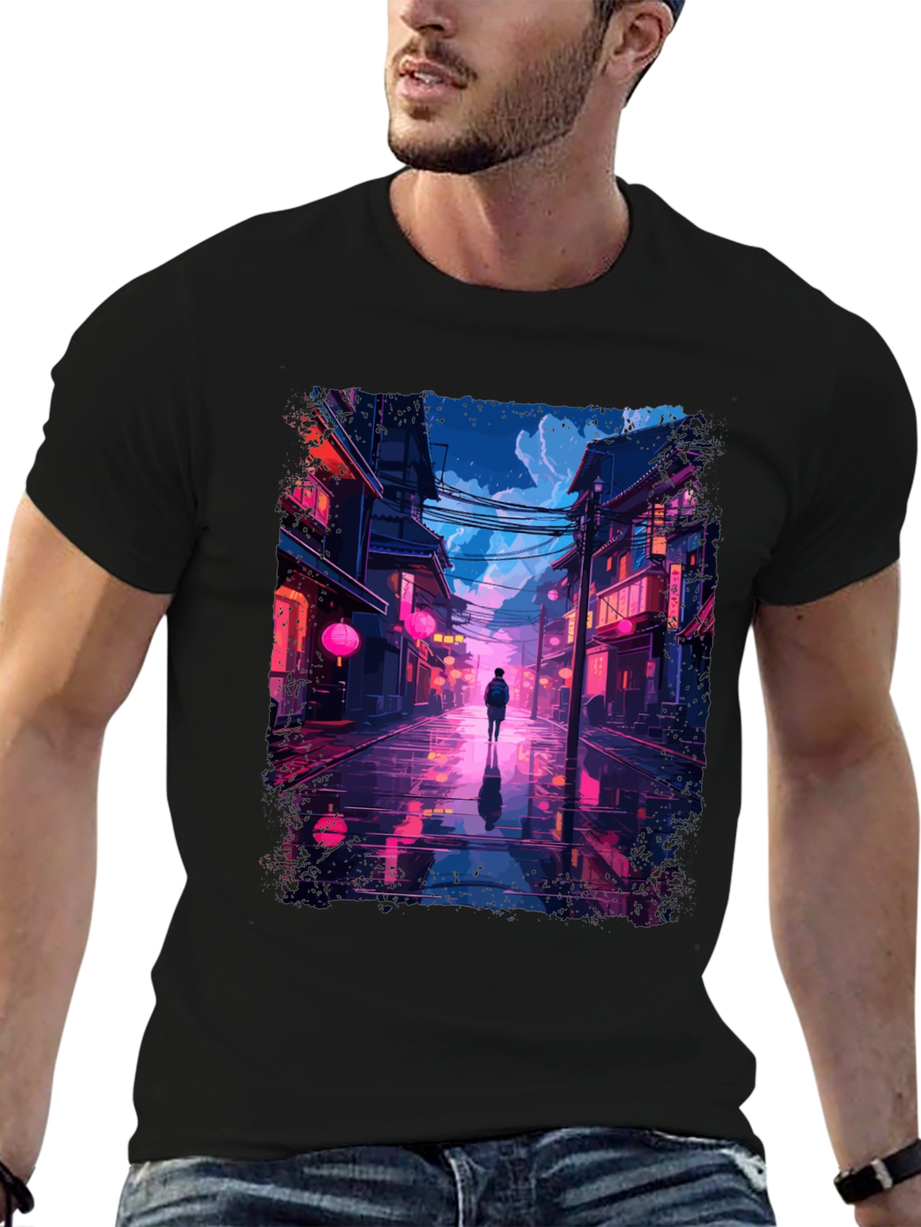 Black Neon Cityscape T-Shirt - Stylish Streetwear view 6
