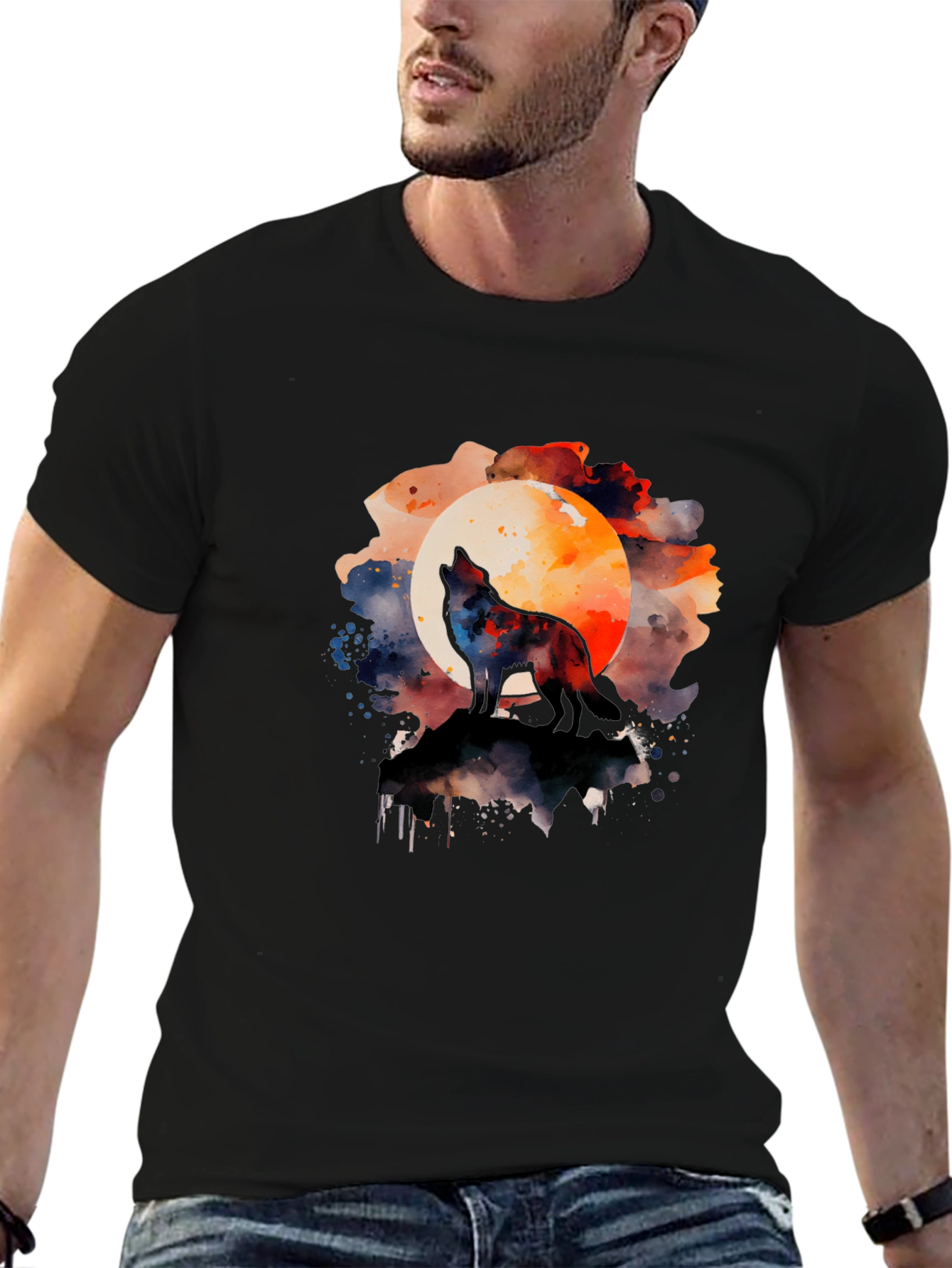 Black Wolf Howling Moon Watercolor Graphic Tee - Black view 6