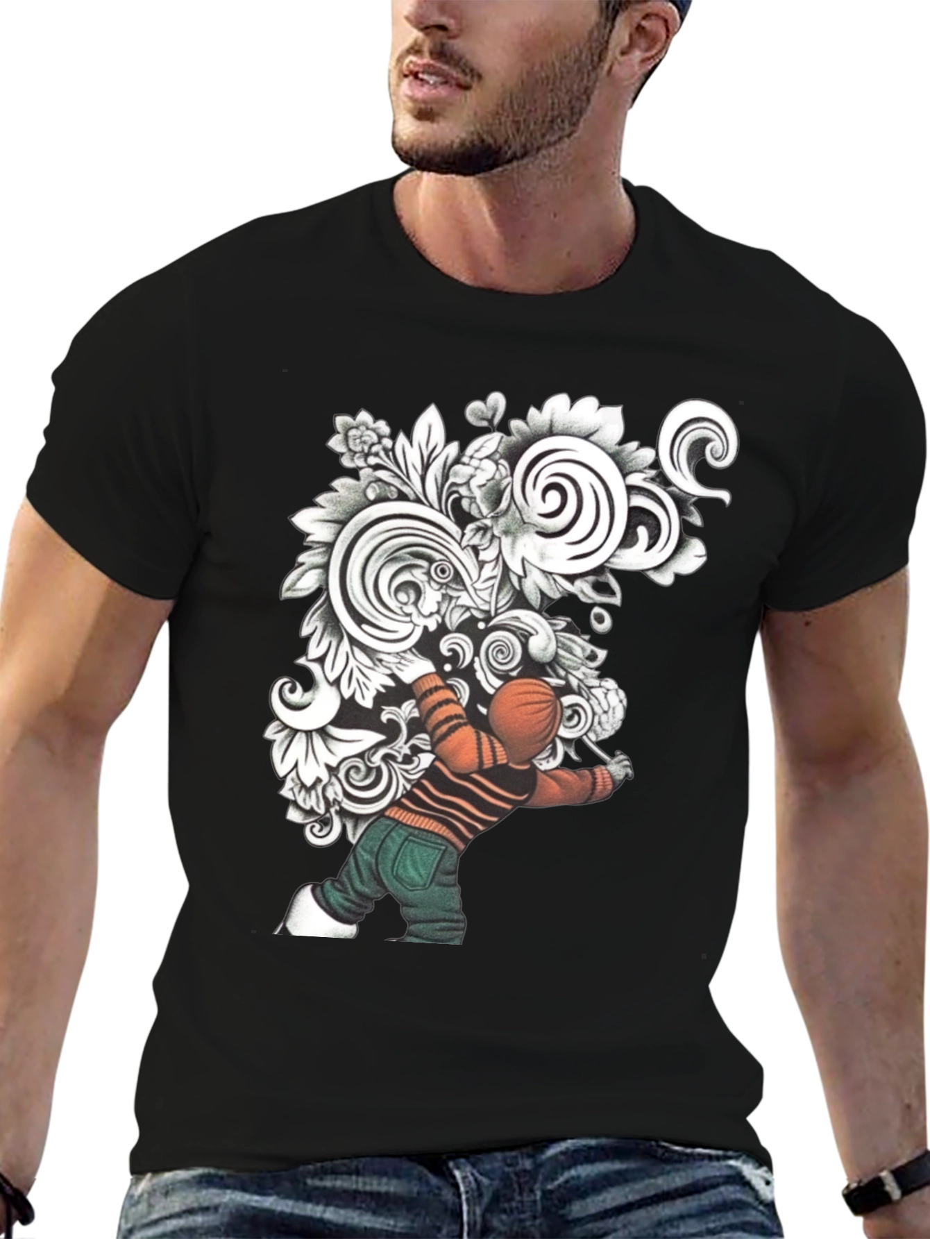 Black Unique Graphic Print Black T-Shirt view 6