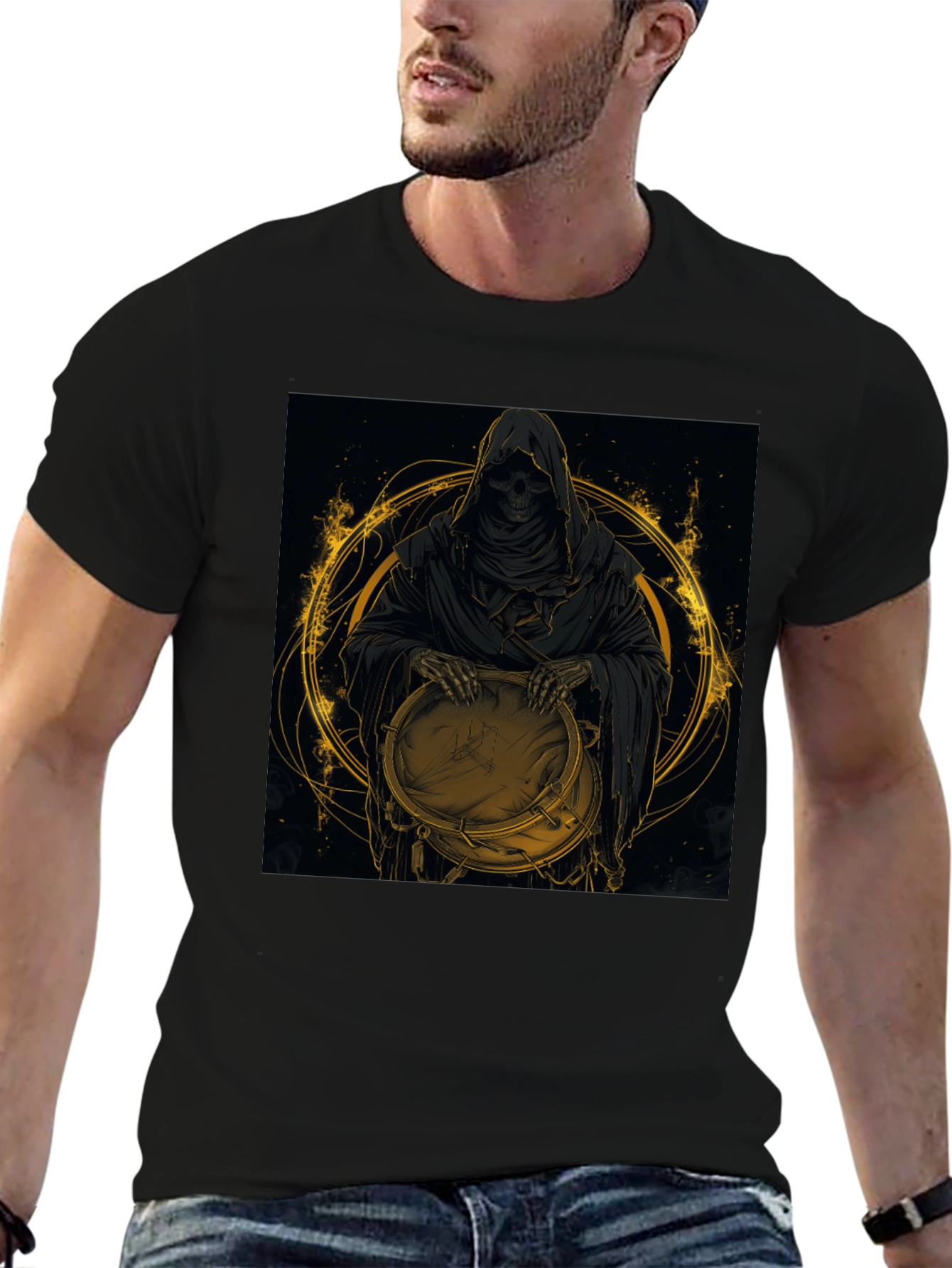 Black Grim Reaper Drummer Graphic Black T-Shirt view 6