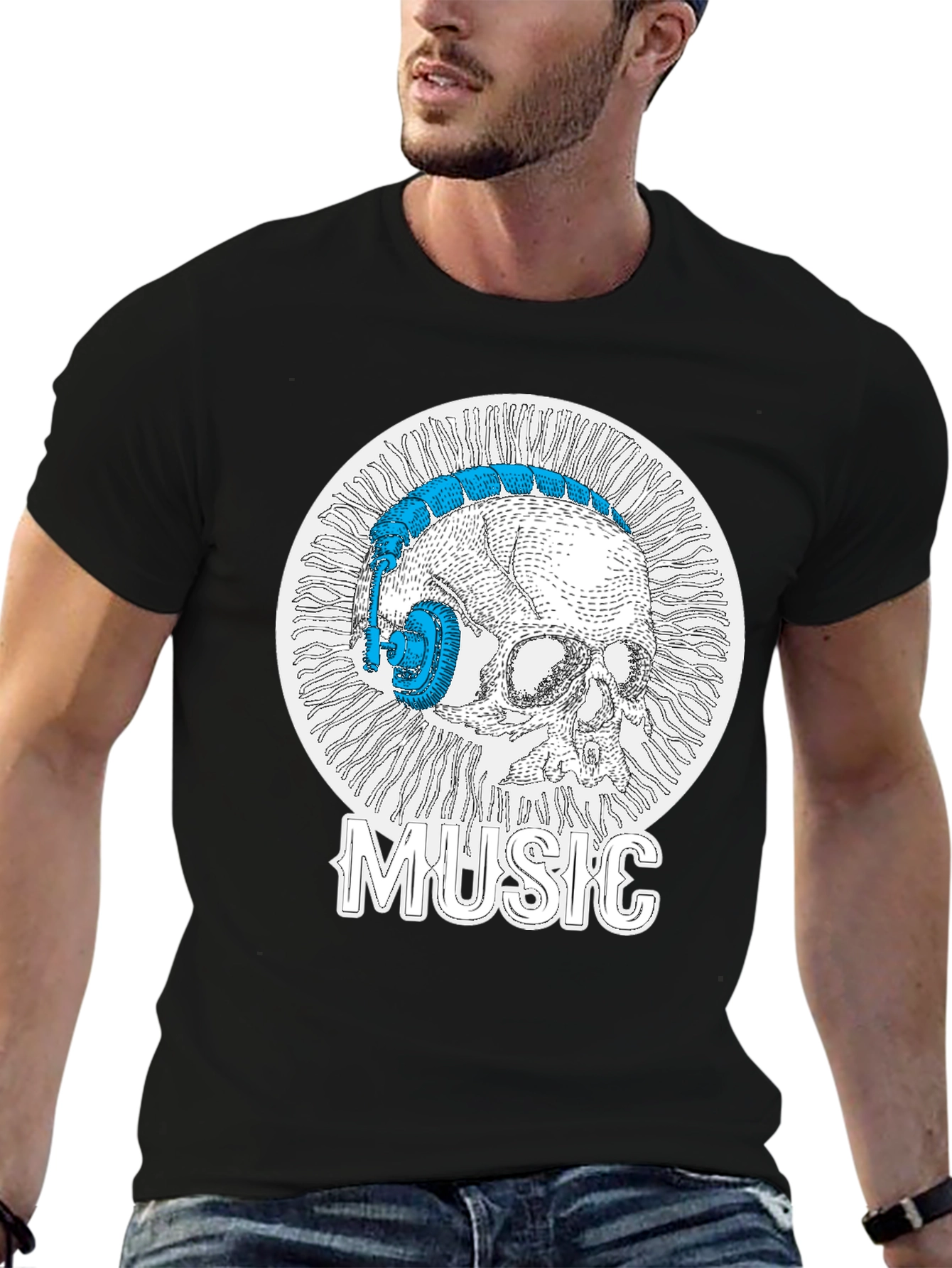 Black Skull Music Headphones T-Shirt - Cool Graphic Tee view 6
