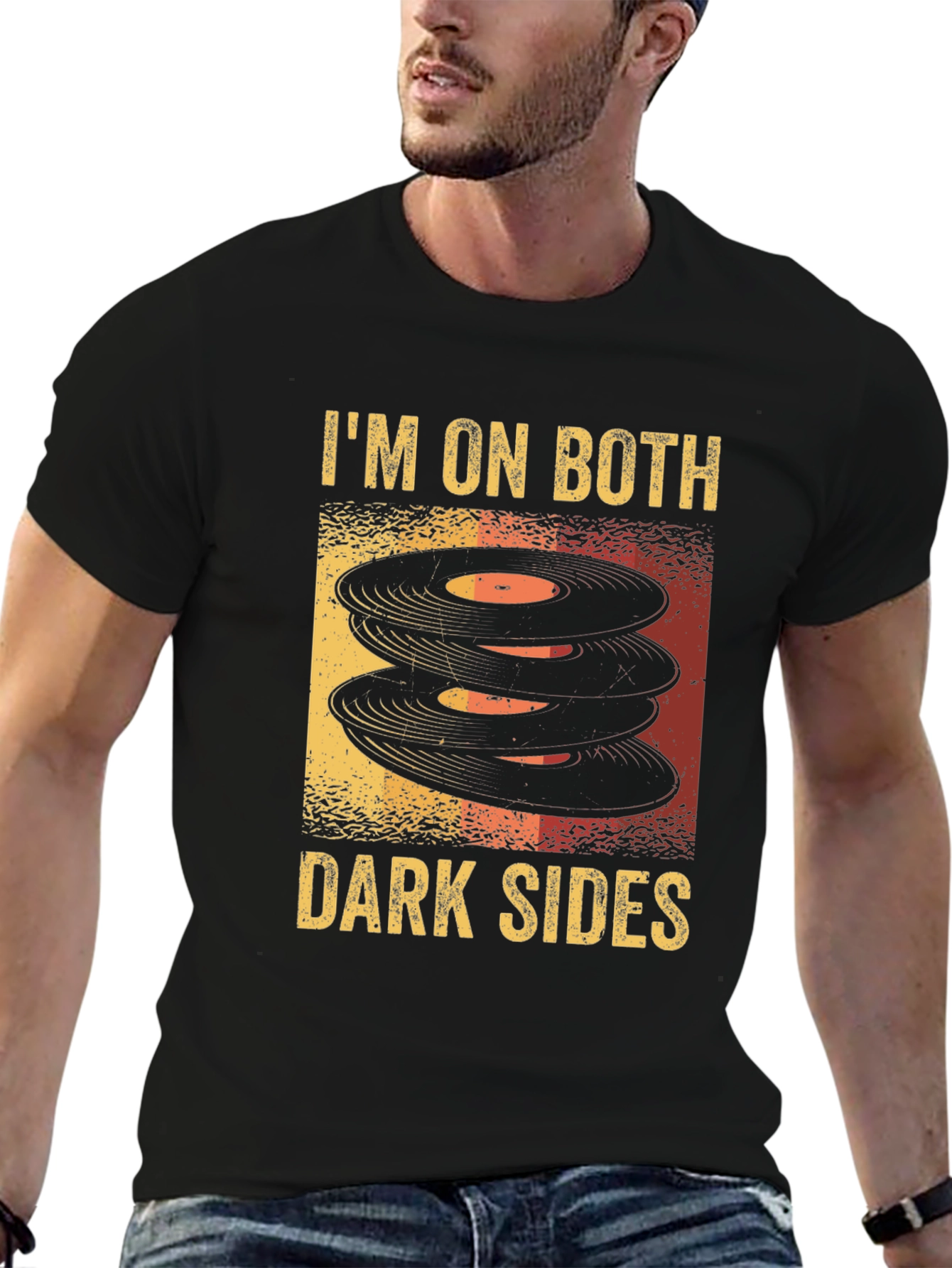 Black I'm On Both Dark Sides T-Shirt Vintage Record Vinyl Music Tee view 6