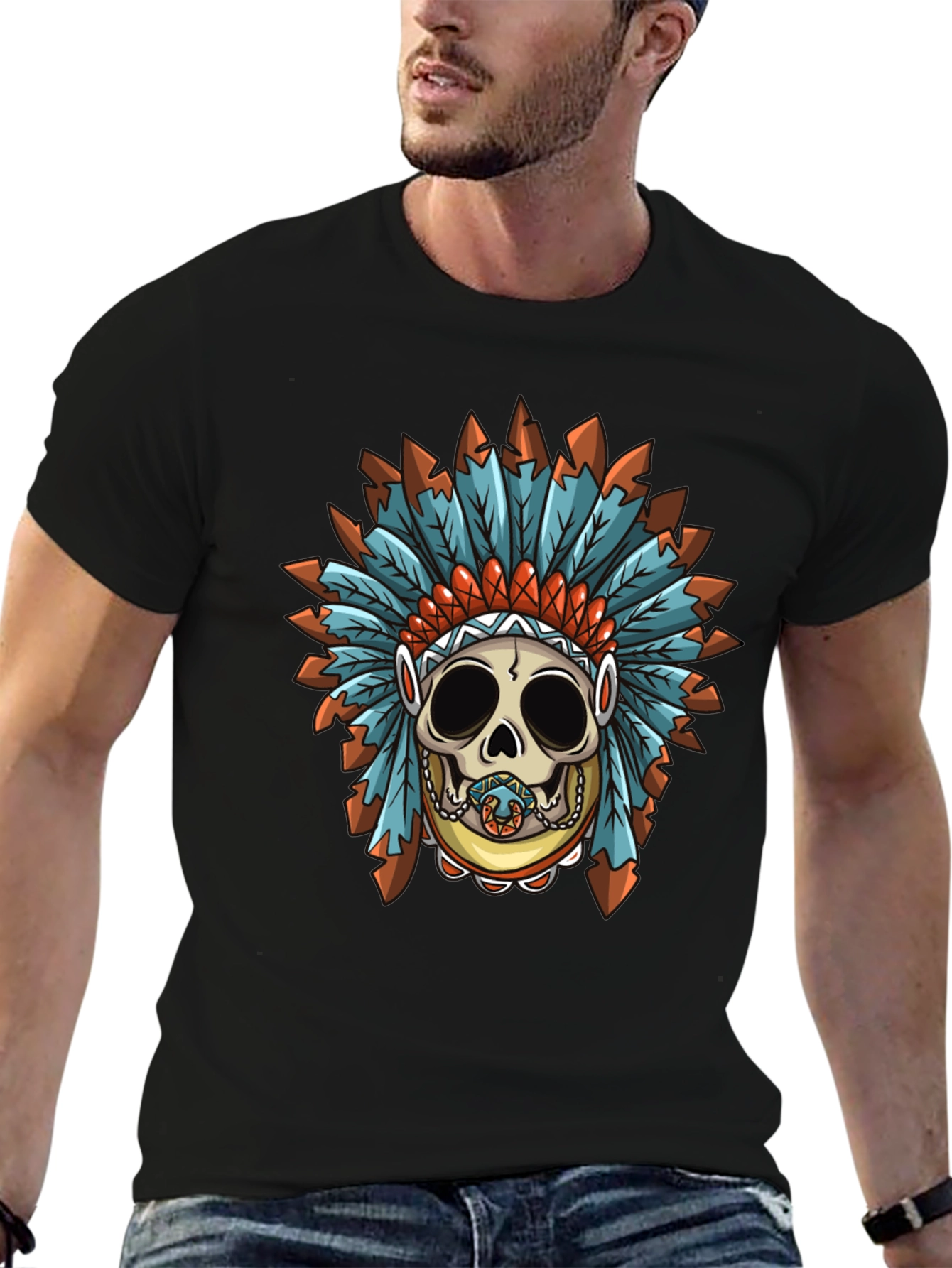 Black Skull Indian Headdress Graphic T-Shirt view 6