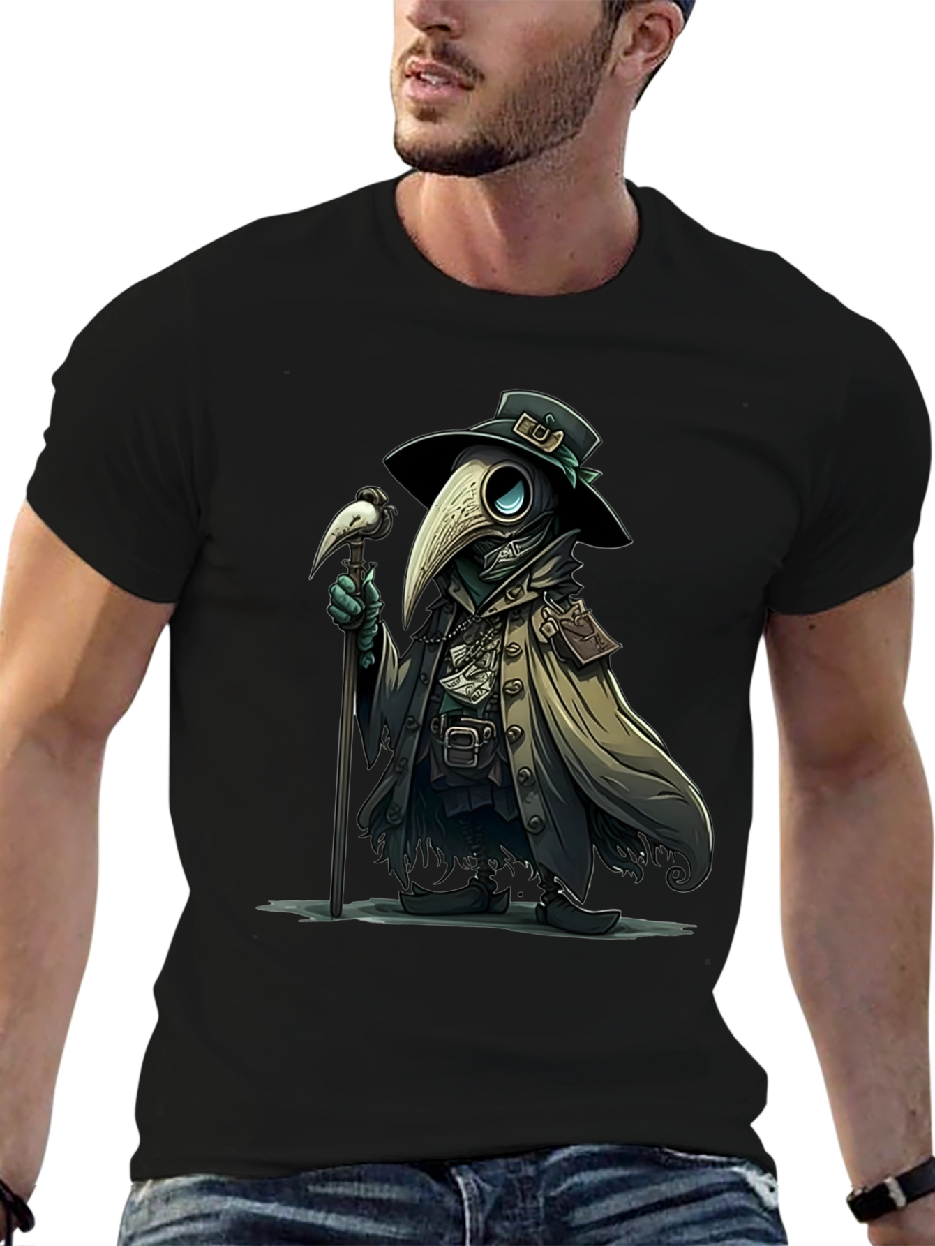 Black Plague Doctor Cartoon Graphic T-Shirt view 6