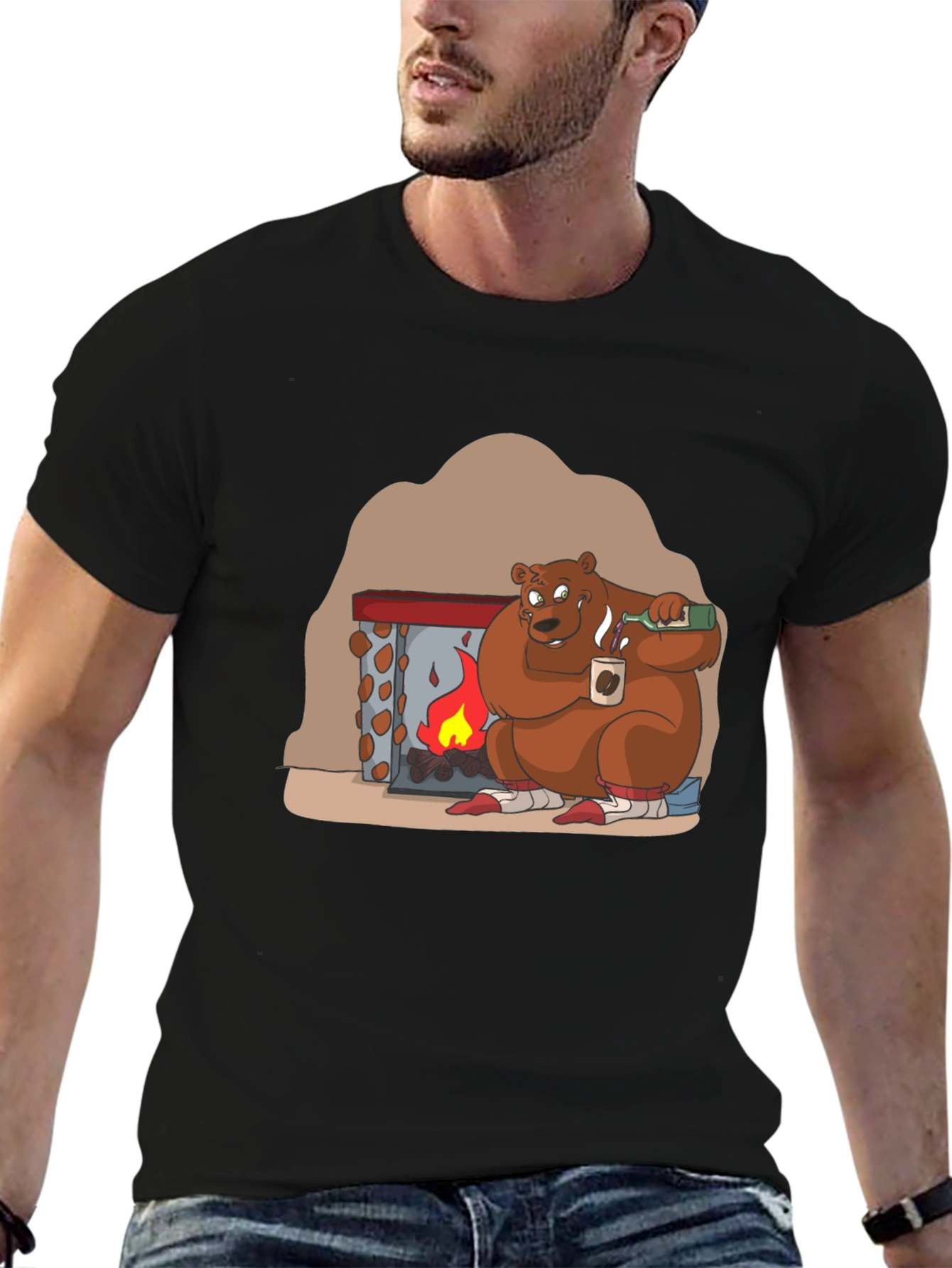 Black Cozy Bear by Fire T-Shirt view 6