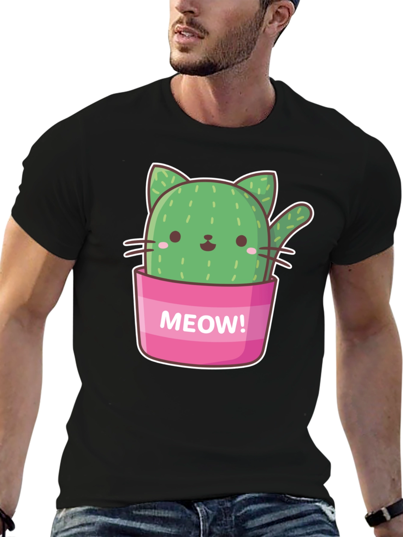 Black Cactus Cat Graphic T-Shirt - "Meow!" Design view 6