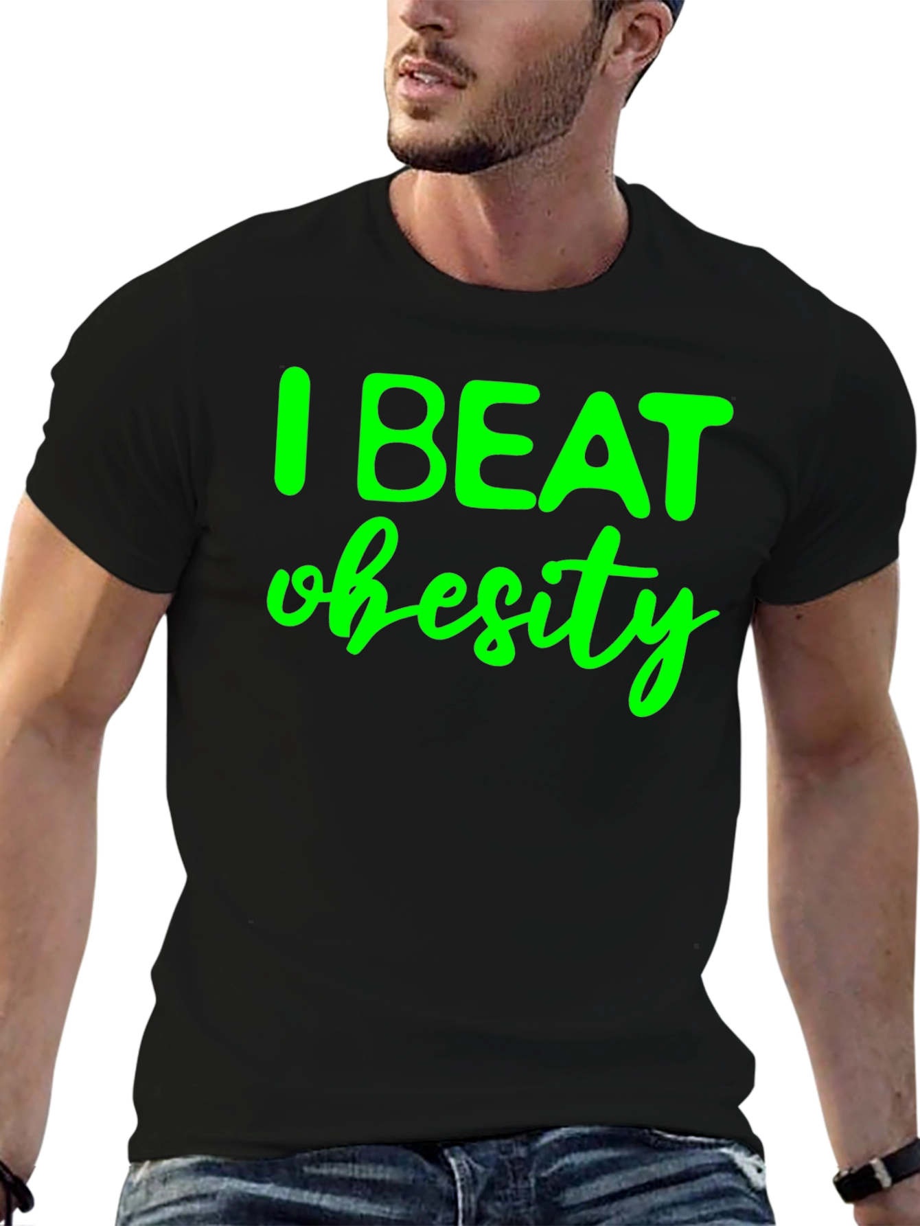 Black I Beat Obesity Black T-Shirt view 6