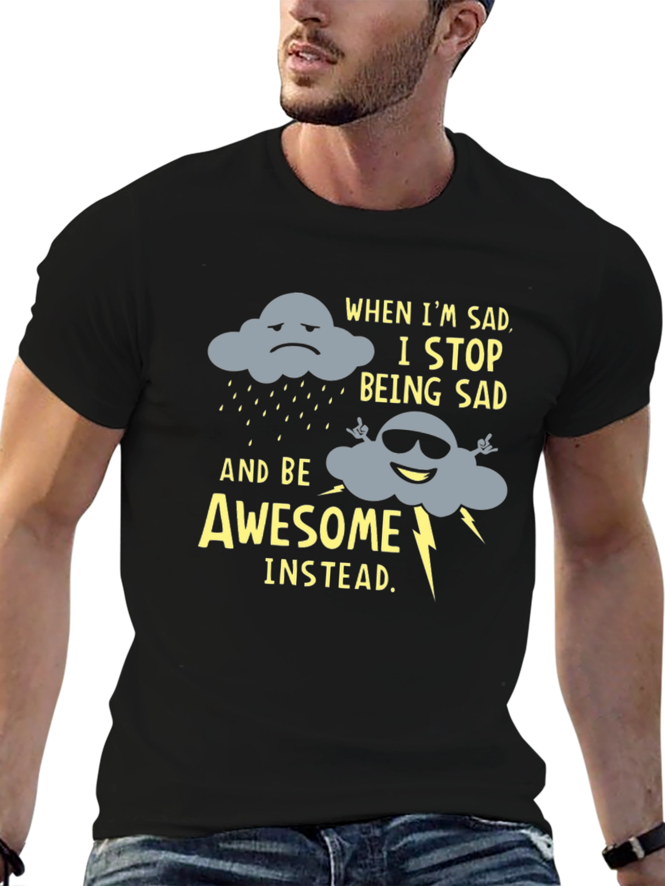 Black Funny Graphic Tee: Sad Cloud to Awesome Cloud view 6