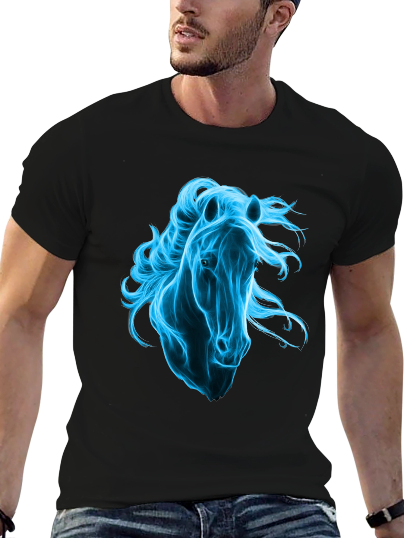 Black Men's Black T-Shirt with Blue Horse Graphic view 6
