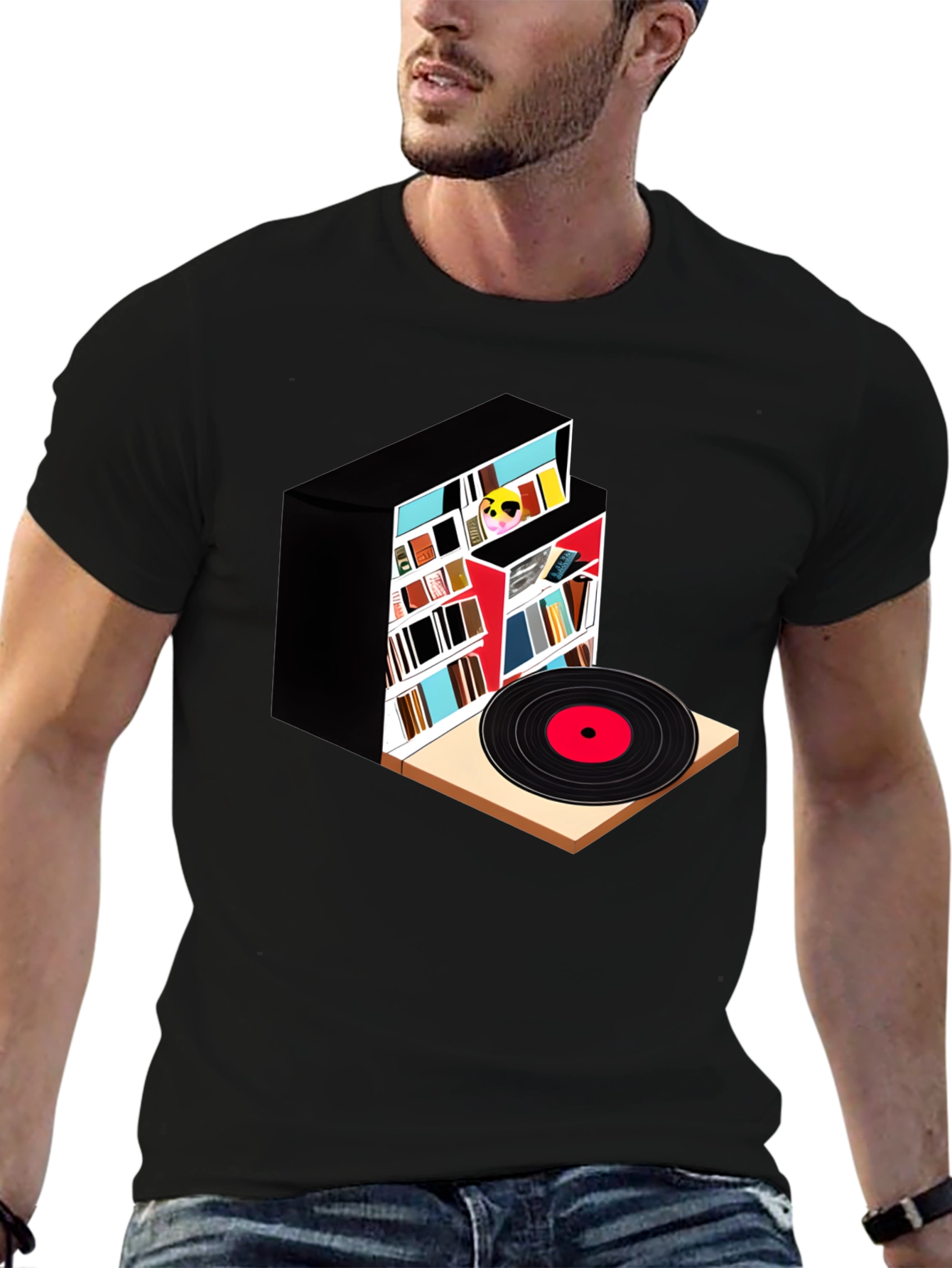 Black Bookcase and Vinyl Record T-Shirt view 6