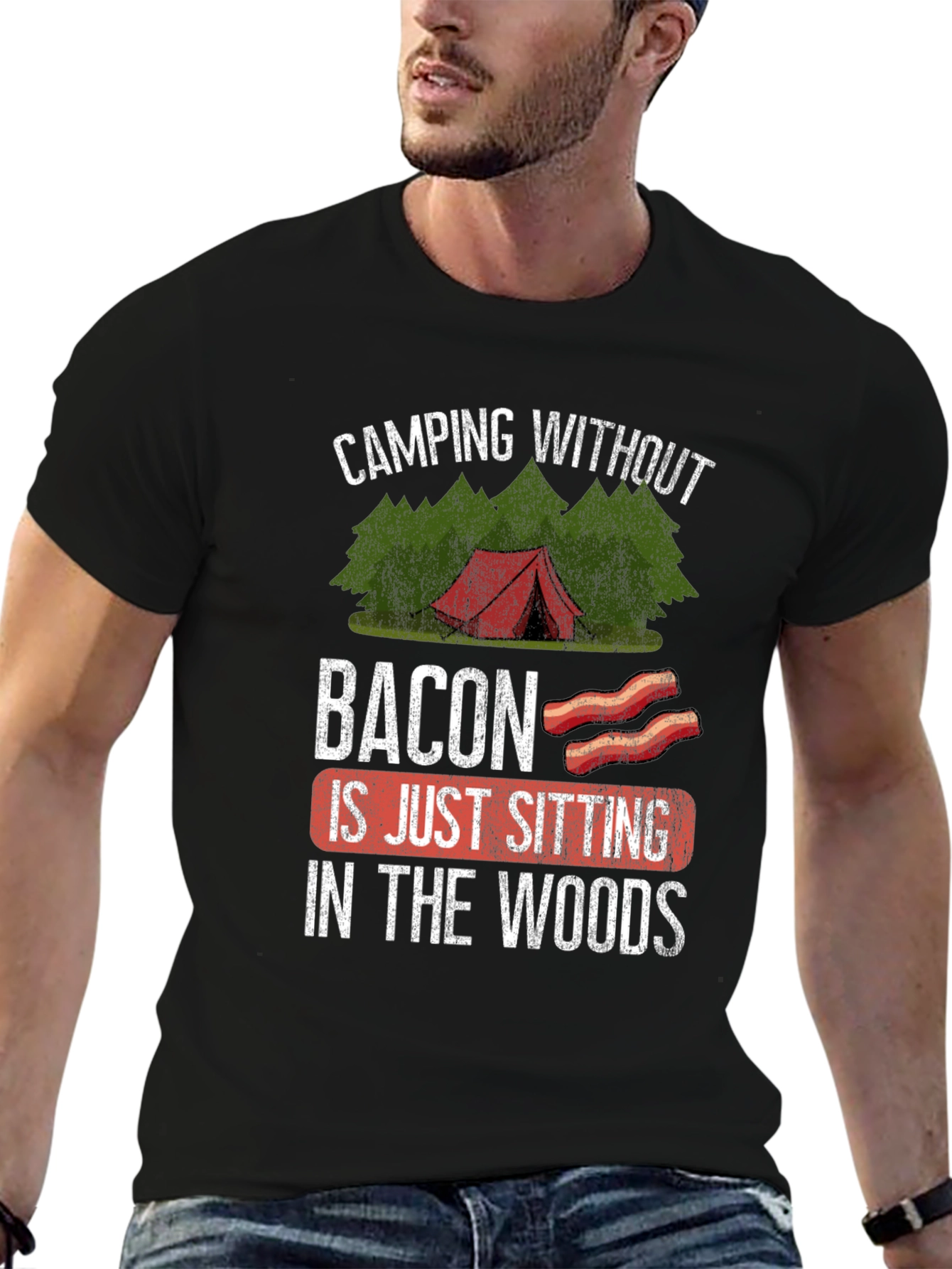 Black Camping Without Bacon Graphic T-Shirt view 6