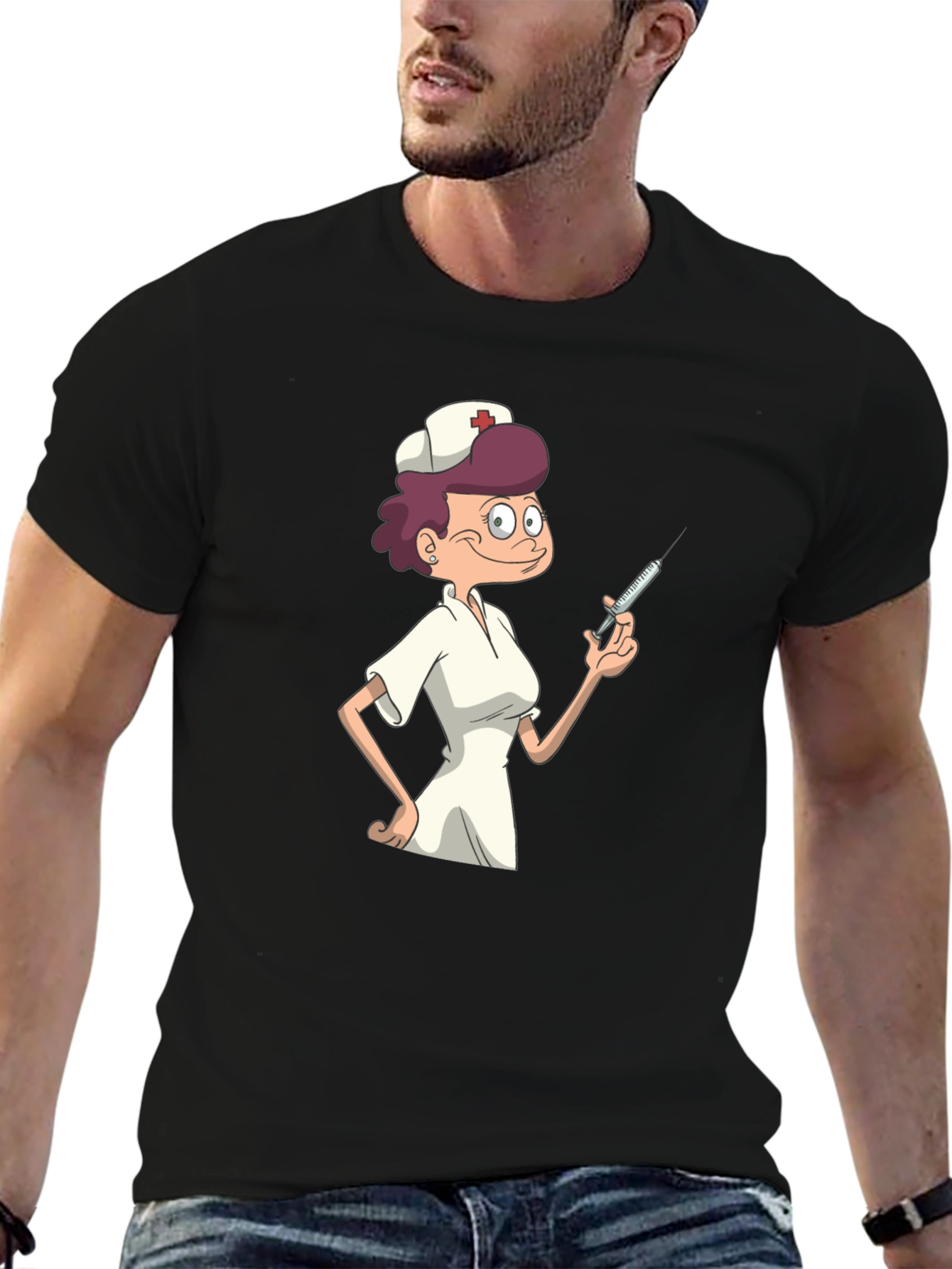 Black Nurse Cartoon Graphic T-Shirt - Black Casual Tee view 6