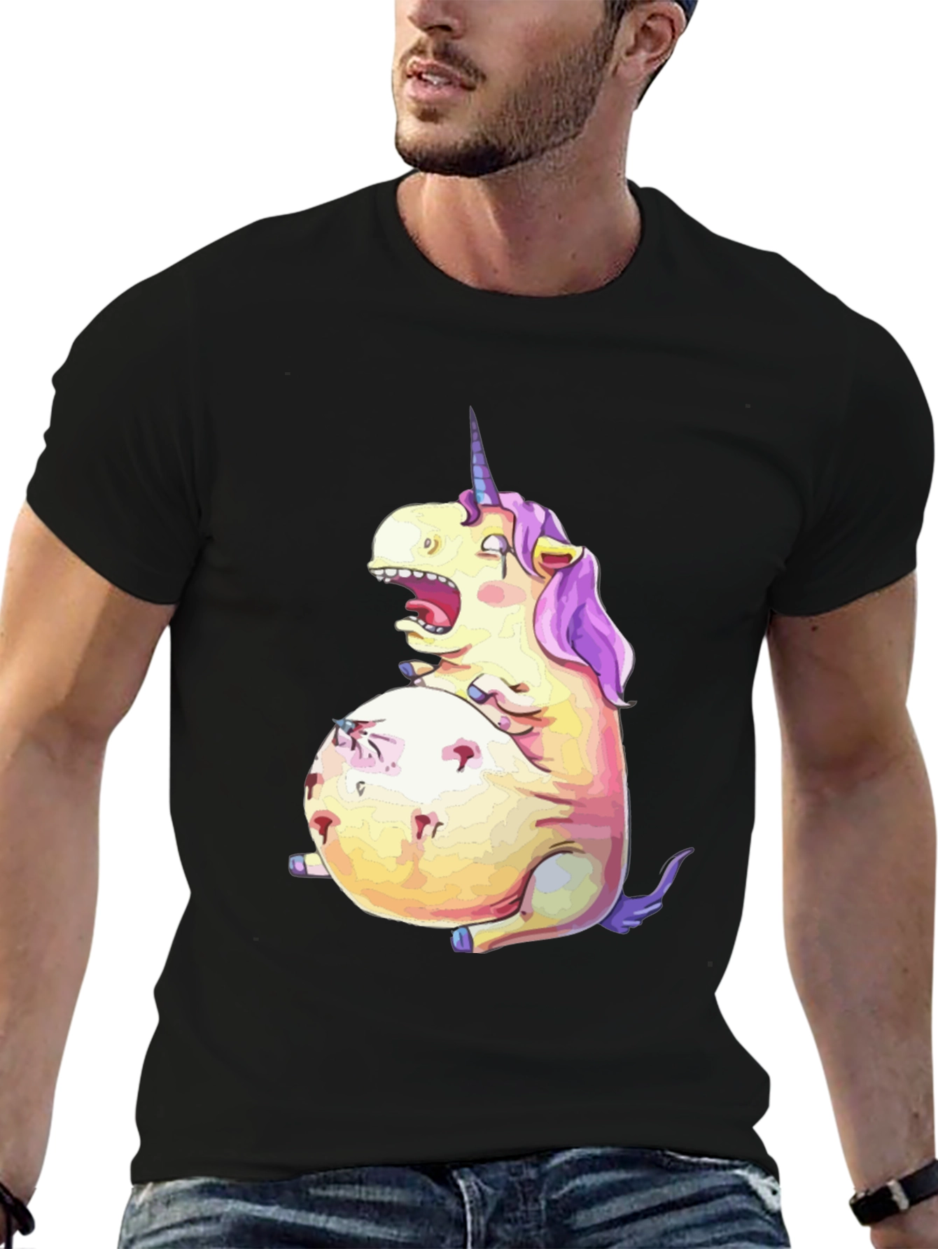 Black Funny Unicorn Graphic Tee - Black Cotton T-Shirt view 6