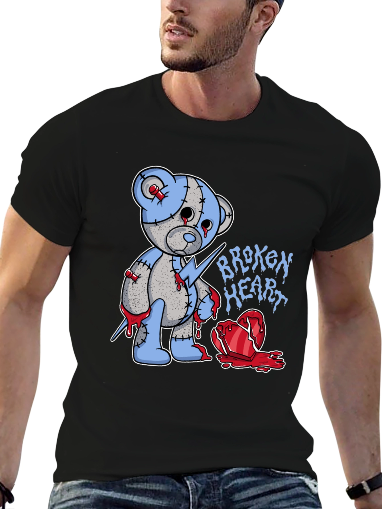 Black Broken Heart Teddy Bear Graphic Tee view 6