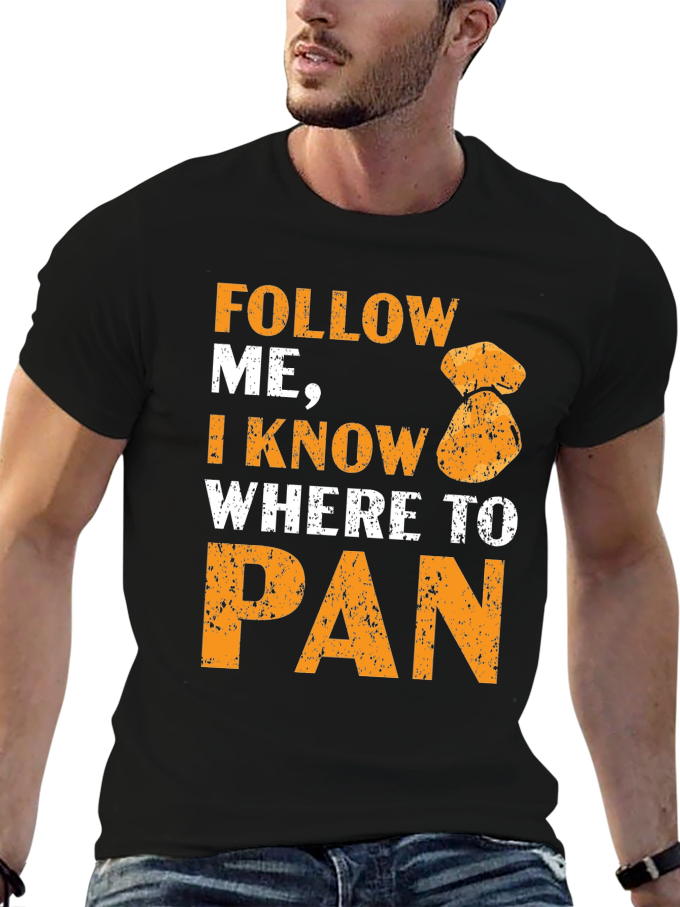 Black Follow Me I Know Where To Pan T-Shirt Gold Panning view 6