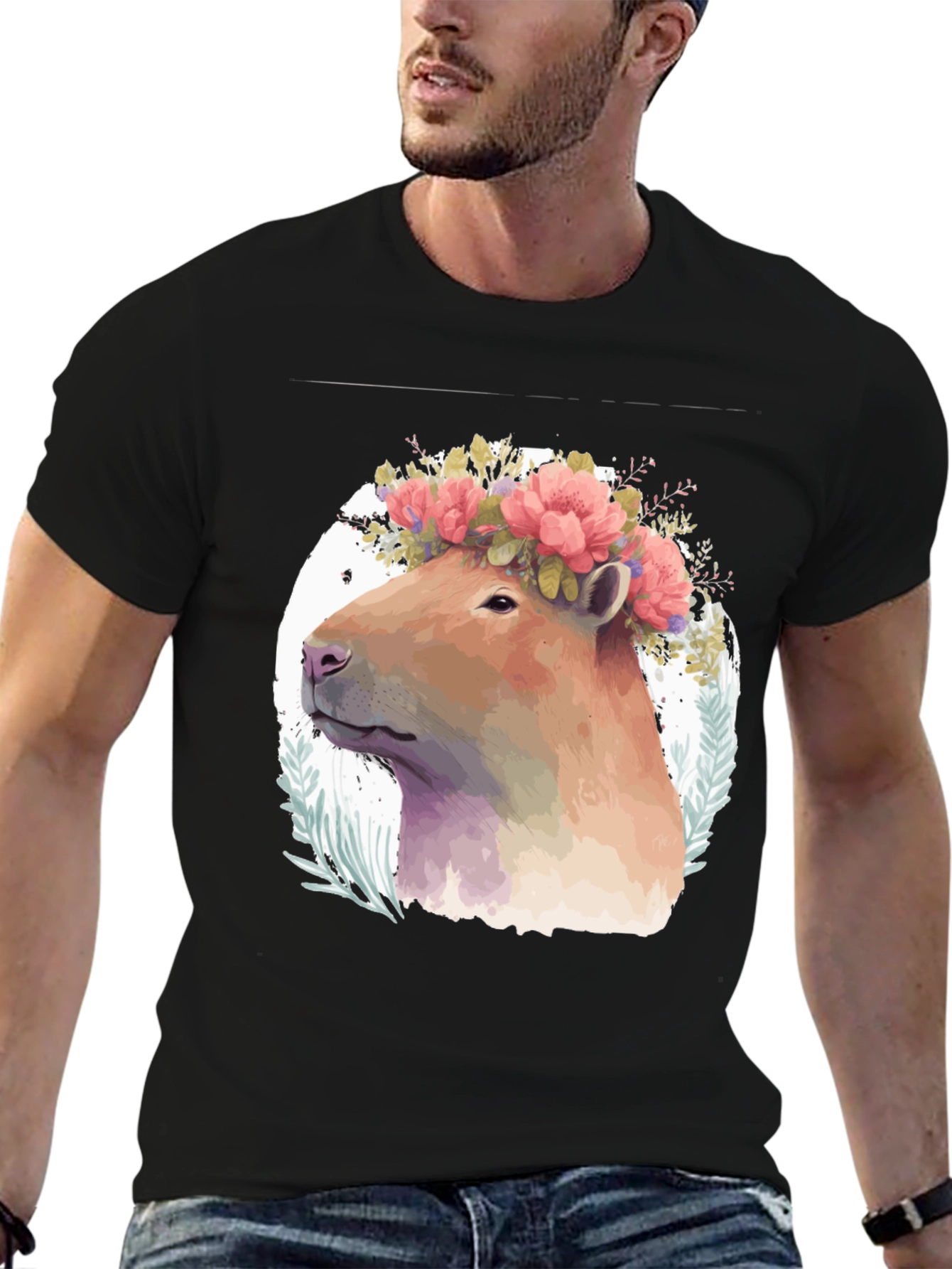 Black Capybara Floral Crown T-Shirt - Unique Graphic Tee view 6