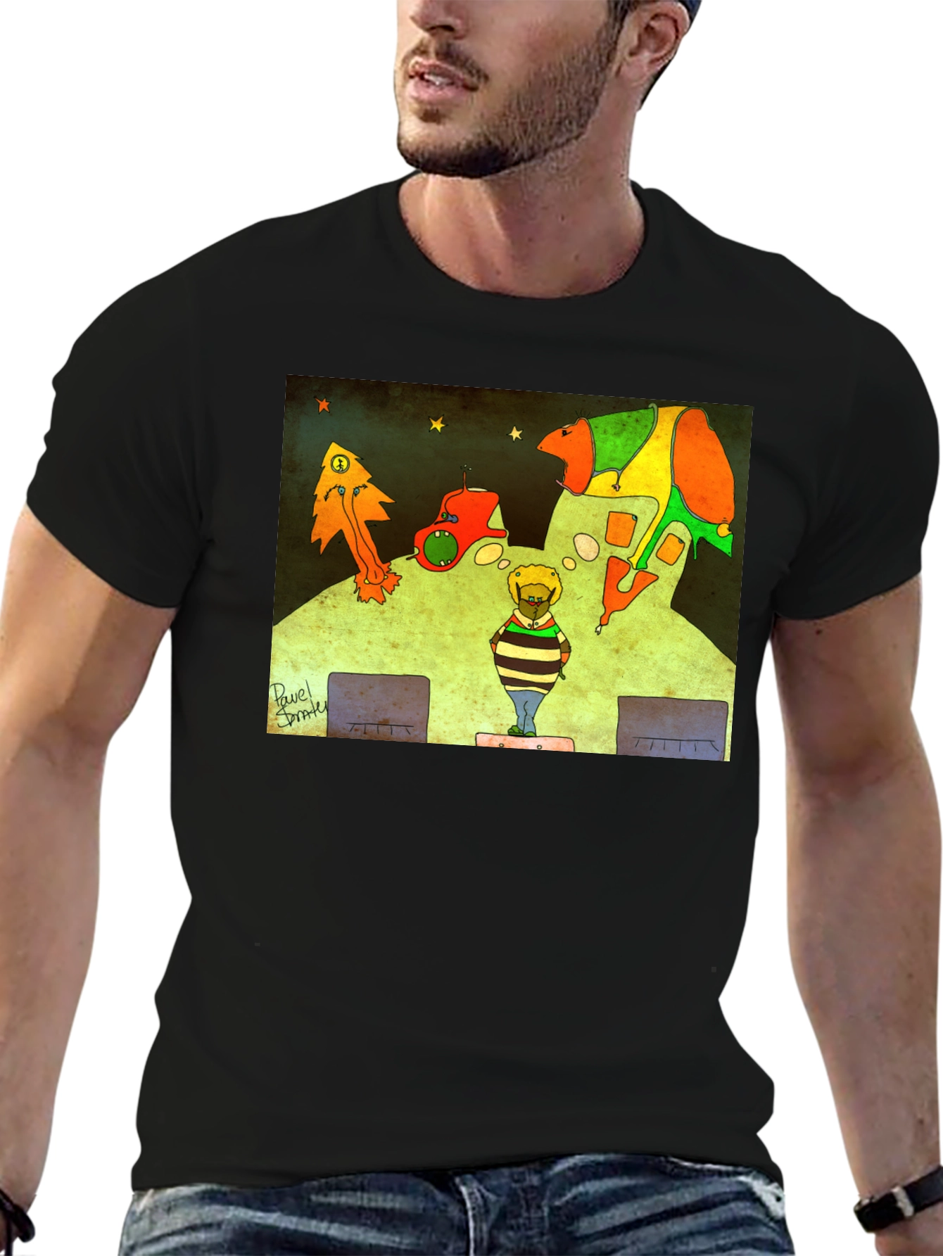 Black Retro Cartoon Graphic Print Black Tee view 6