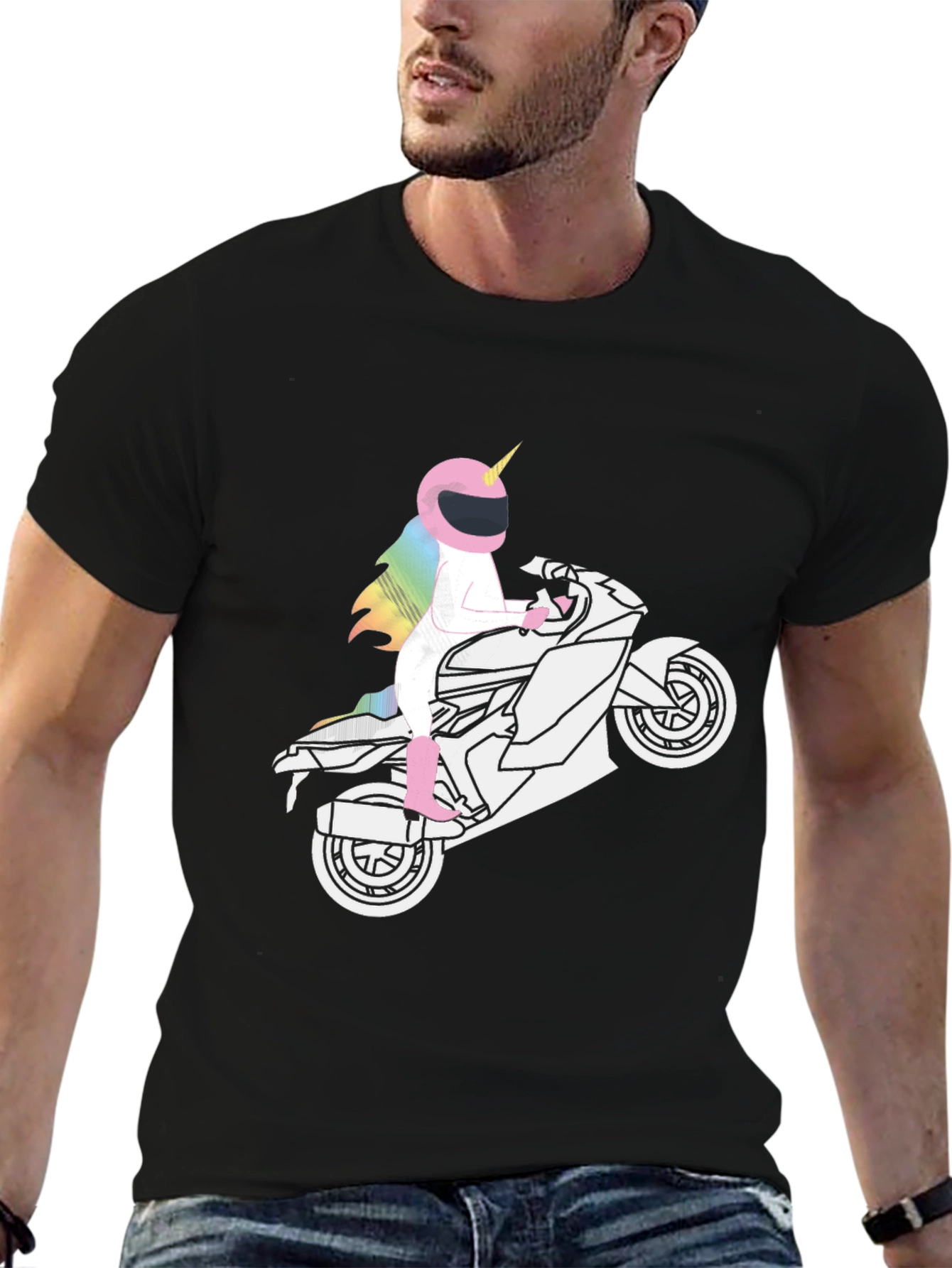 Black Unicorn Motorcycle Graphic Tee - Black Cotton view 6
