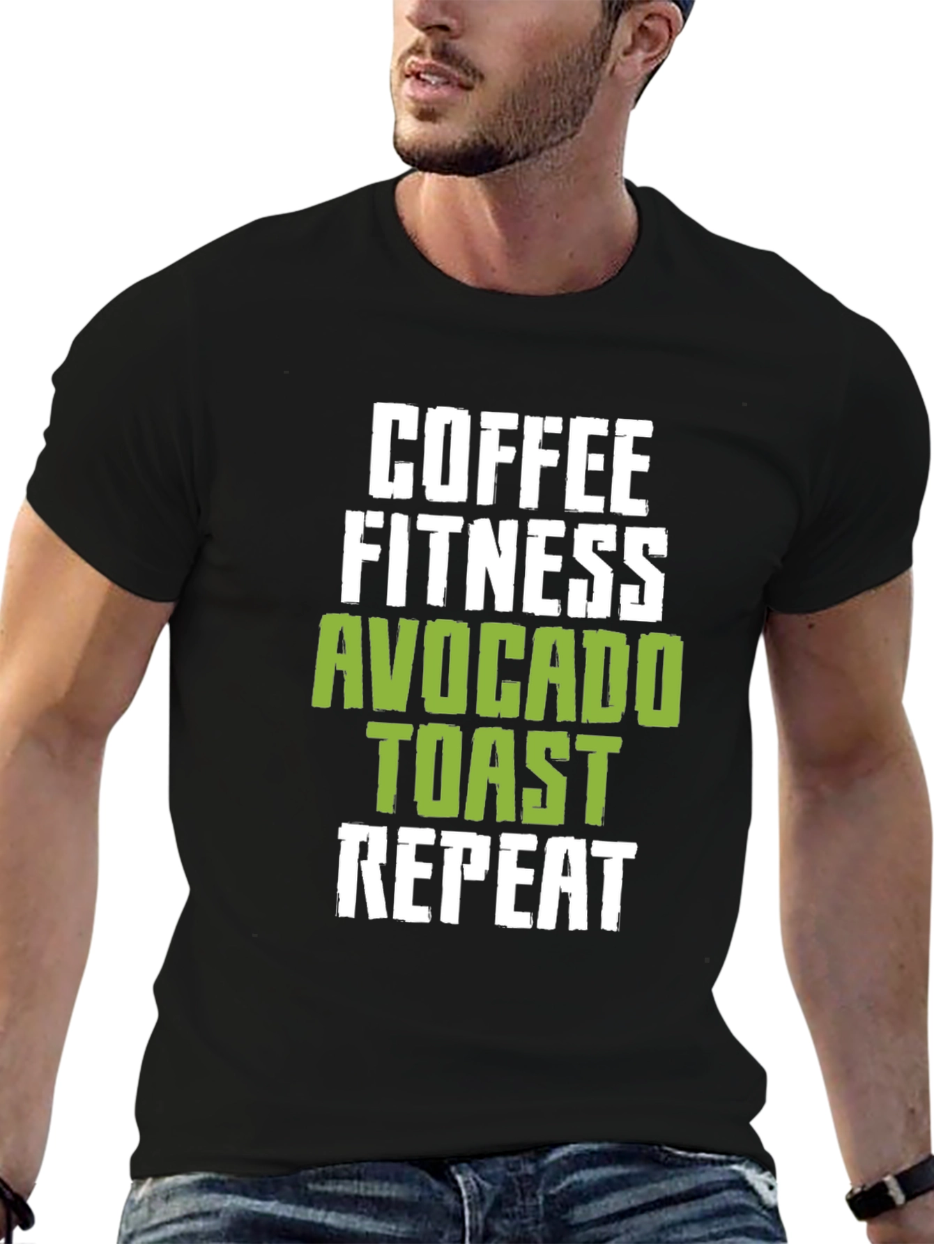 Black Coffee Fitness Avocado Toast Repeat Black Graphic Tee view 6