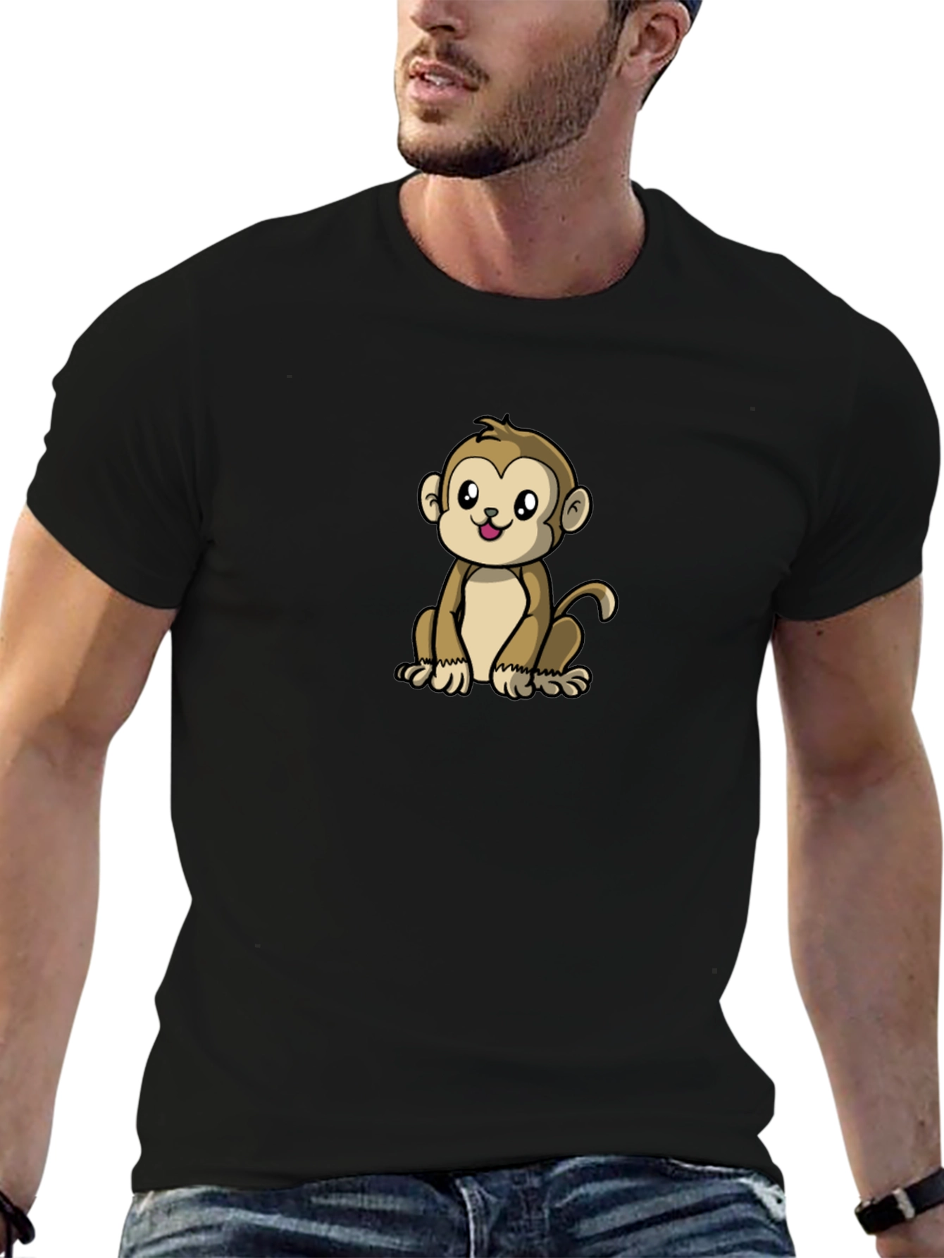 Black Cute Monkey Graphic Black T-Shirt view 6